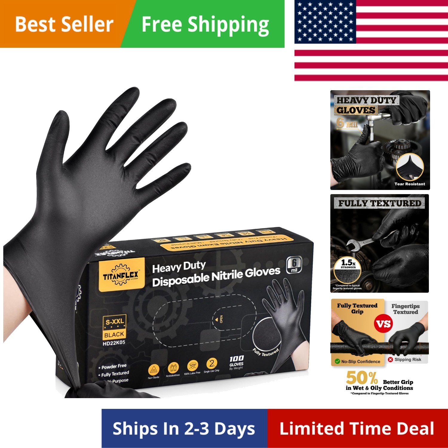 Heavy Duty Black Nitrile Gloves, 6 Mil, Fully Textured, Mechanic Disposable G…