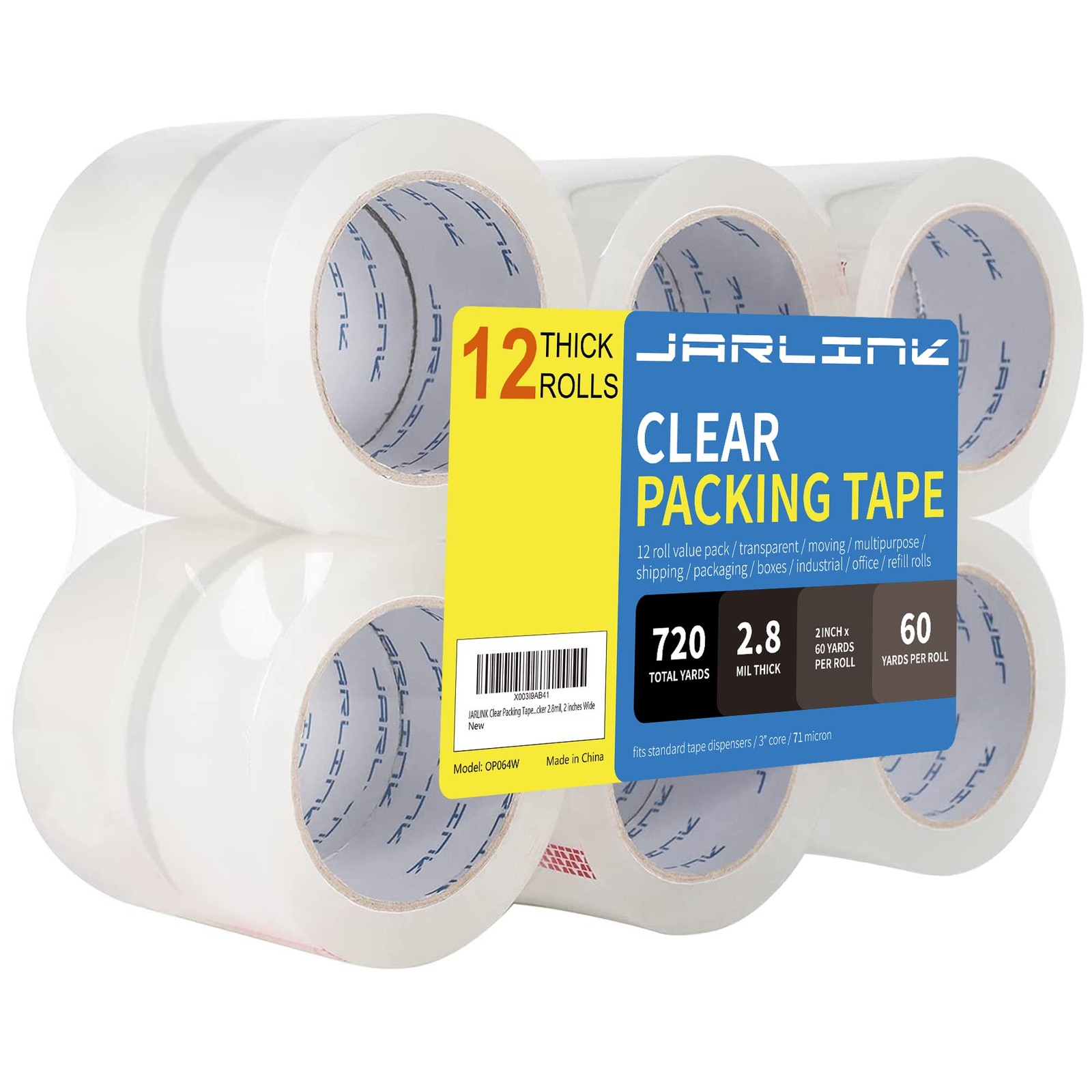 JARLINK Clear Packing Tape (12 Rolls), 12 Rolls XL (2.8mil / 60 yd), White