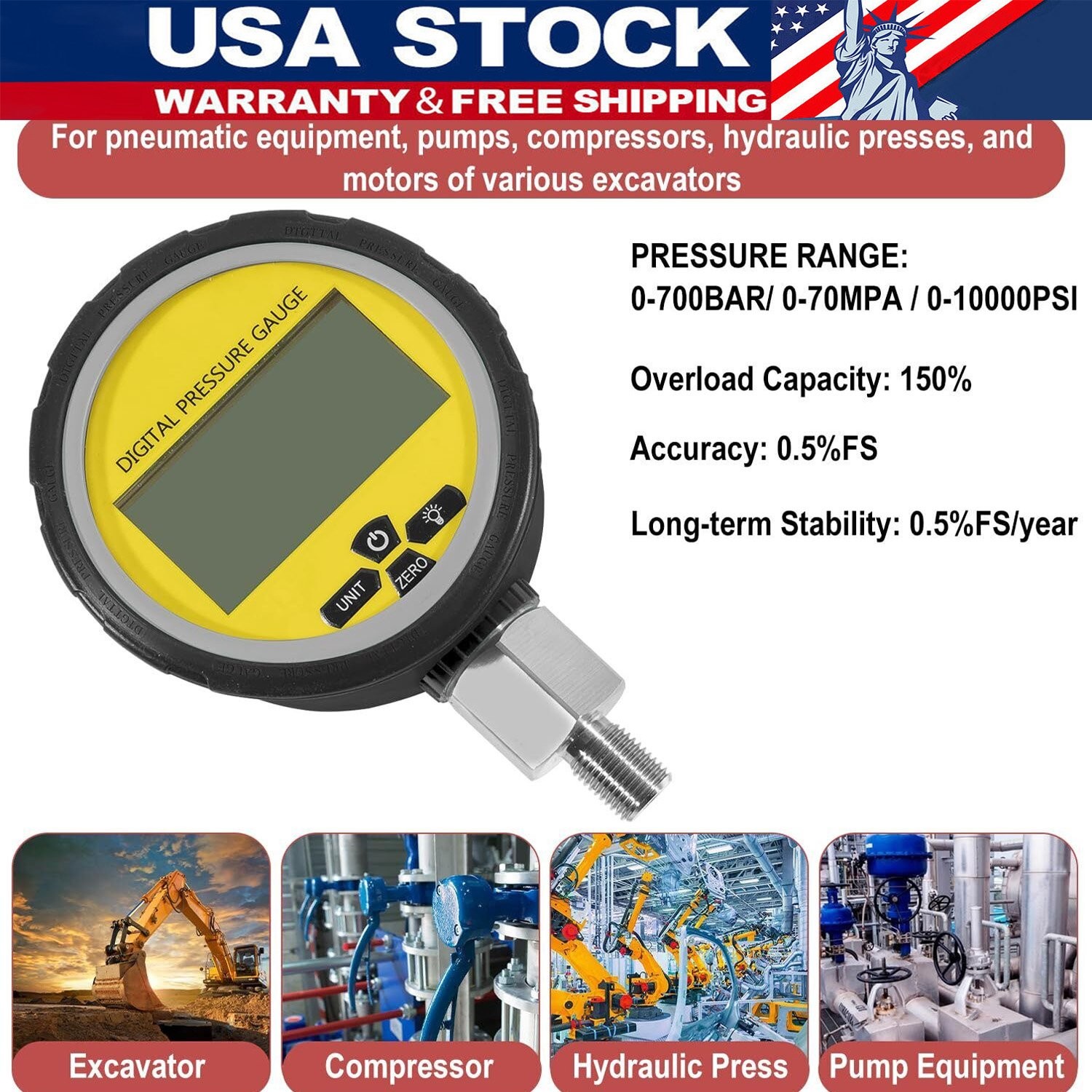 10000PSI Digital Hydraulic Pressure Gauge Manometer 1/4″ NPT 700BAR/70Mpa Black