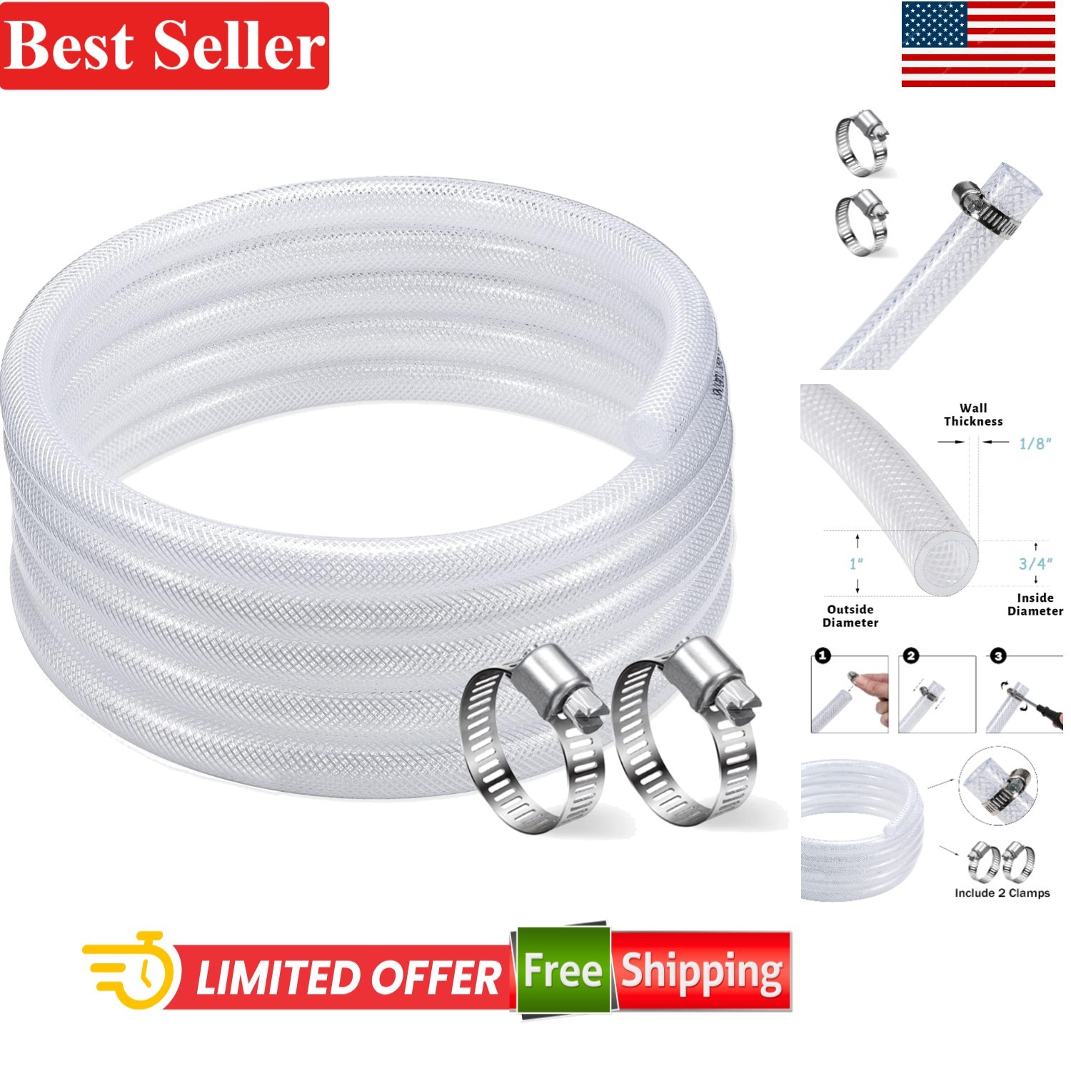 3/4 In ID Vinyl Tubing 50ft Heavy Duty Reinforced Clear Plastic Hose Compatib…