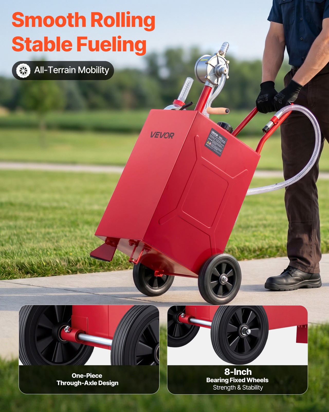 VEVOR 15 Gal Fuel Gas Caddy Portable Storage Tank with Manual Pump Wheels Red
