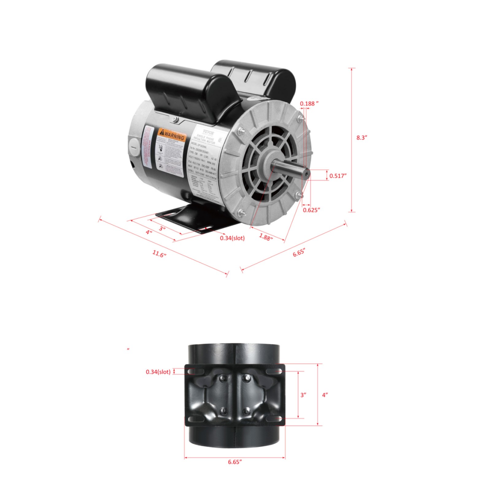 VEVOR 2HP Air Compressor Motor 115/230V 20/10A 3450RPM 56 Frame CW/CCW Rotation