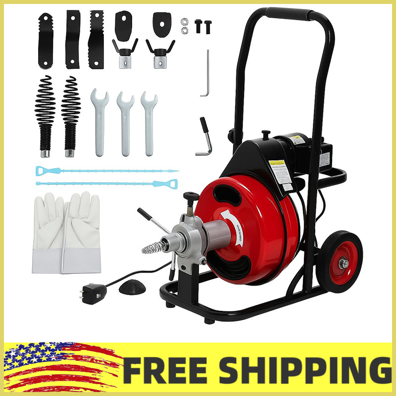 100FT x1/2 Auto Feed Portable Drain Cleaner Machine w/370W Motor for 1- 4″ Pipes
