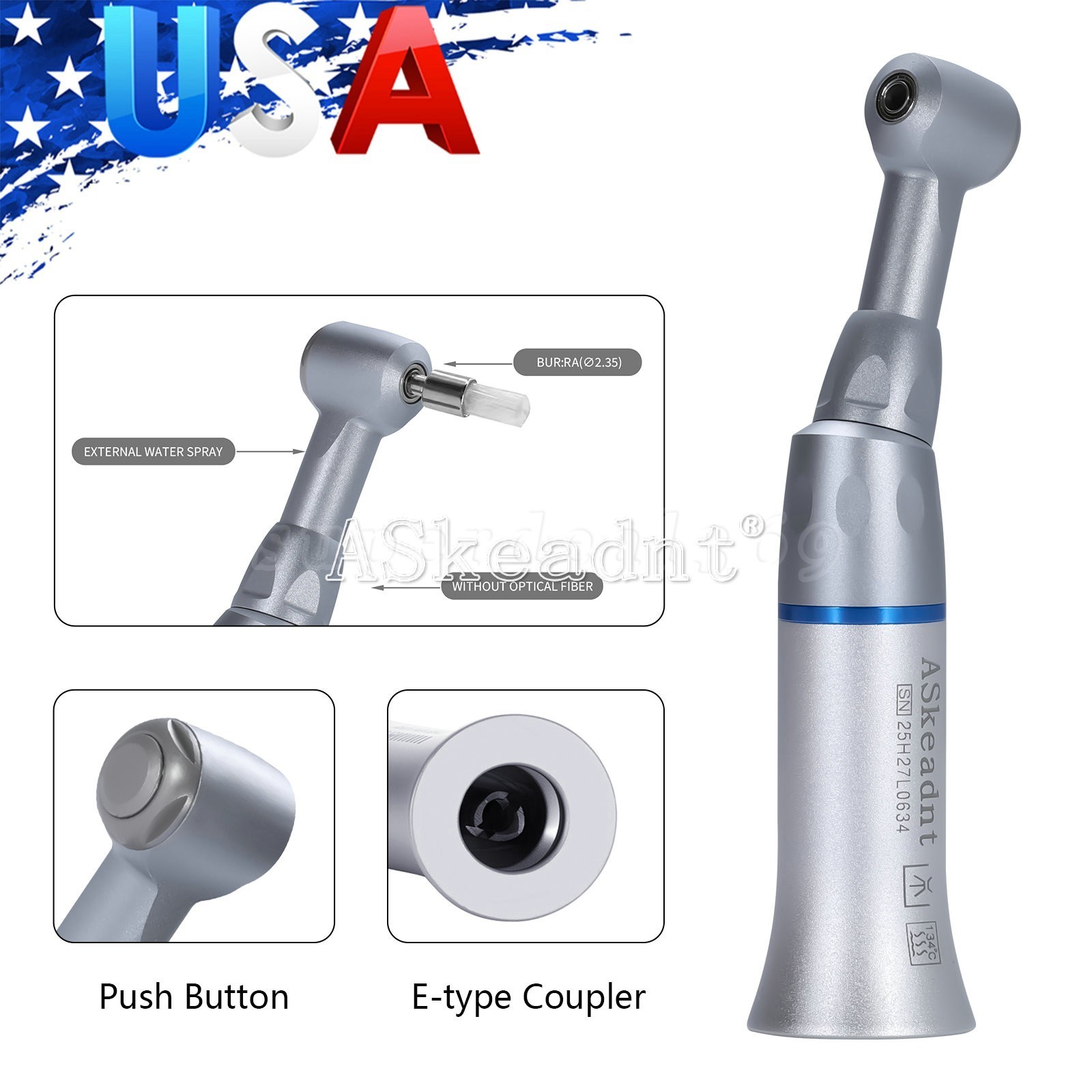 NSK Style Dental Slow Low Speed Contra Angle Handpiece Push Button E-type USA!!