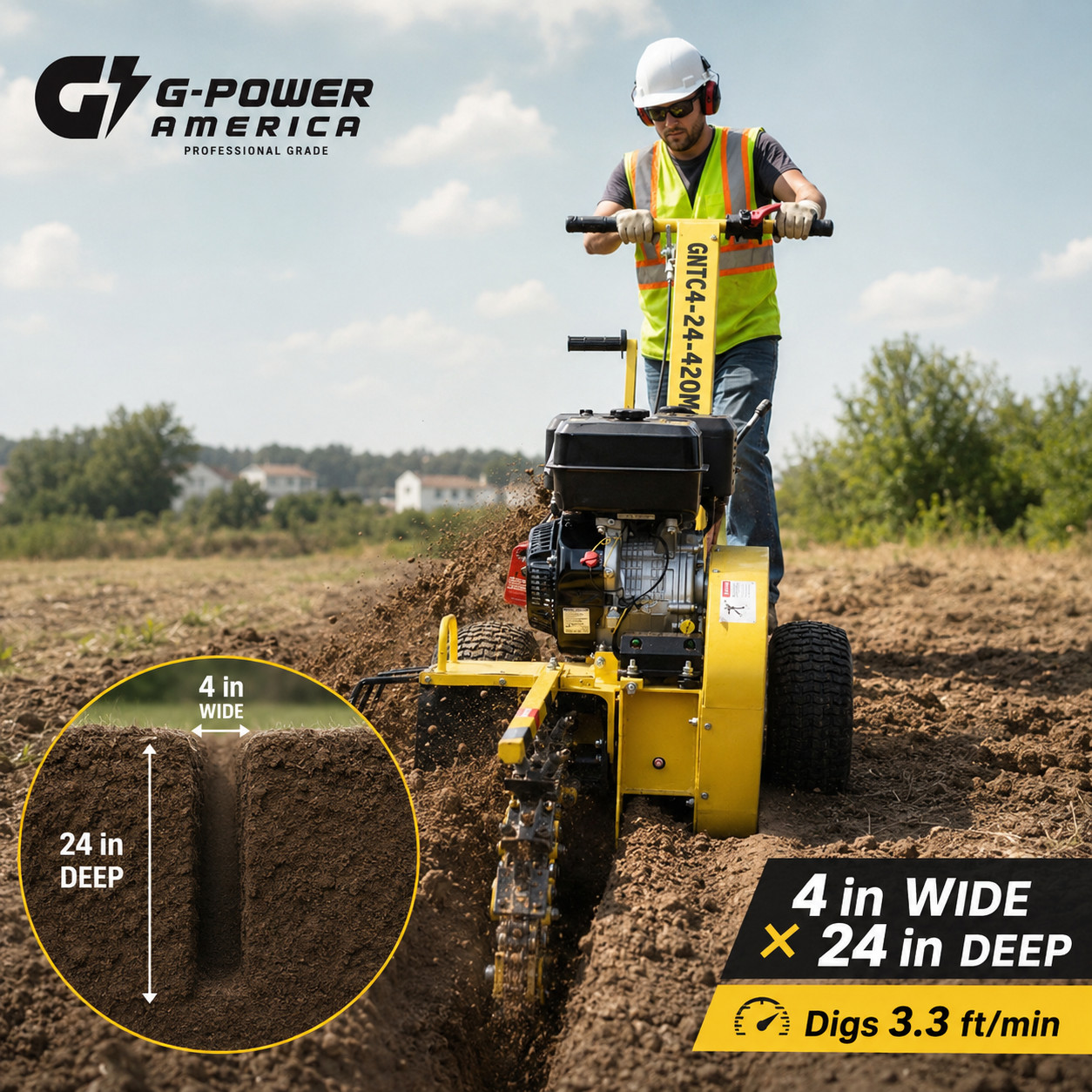 15HP 420cc Trencher, 24″ Depth 4″ Width Gasoline Powered Ditch Digger, EPA CE