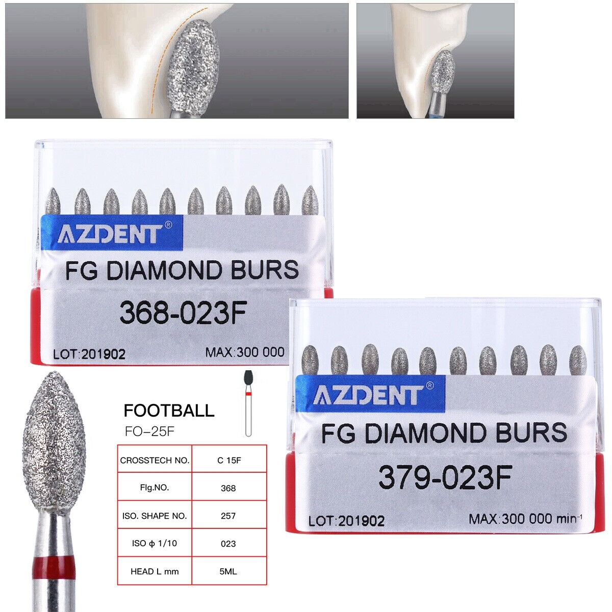 Fresas Dentales de Diamante FG 379-023F/368-023F Finas Rojo Defender Forma Fútbo