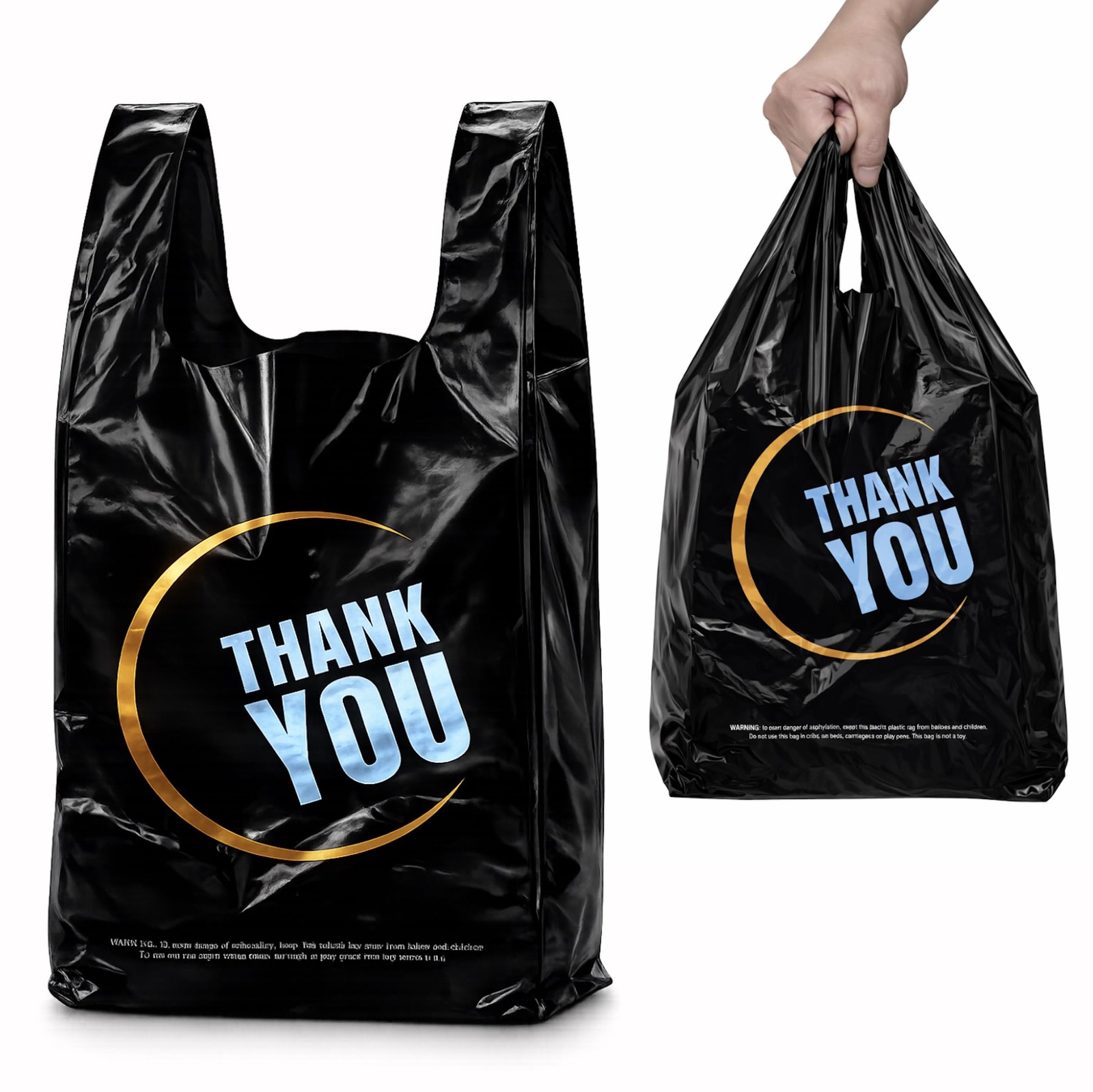YoYoRain 100 Count Plastic Bags Black T Shirt Bags with Handle for Retail Sh…