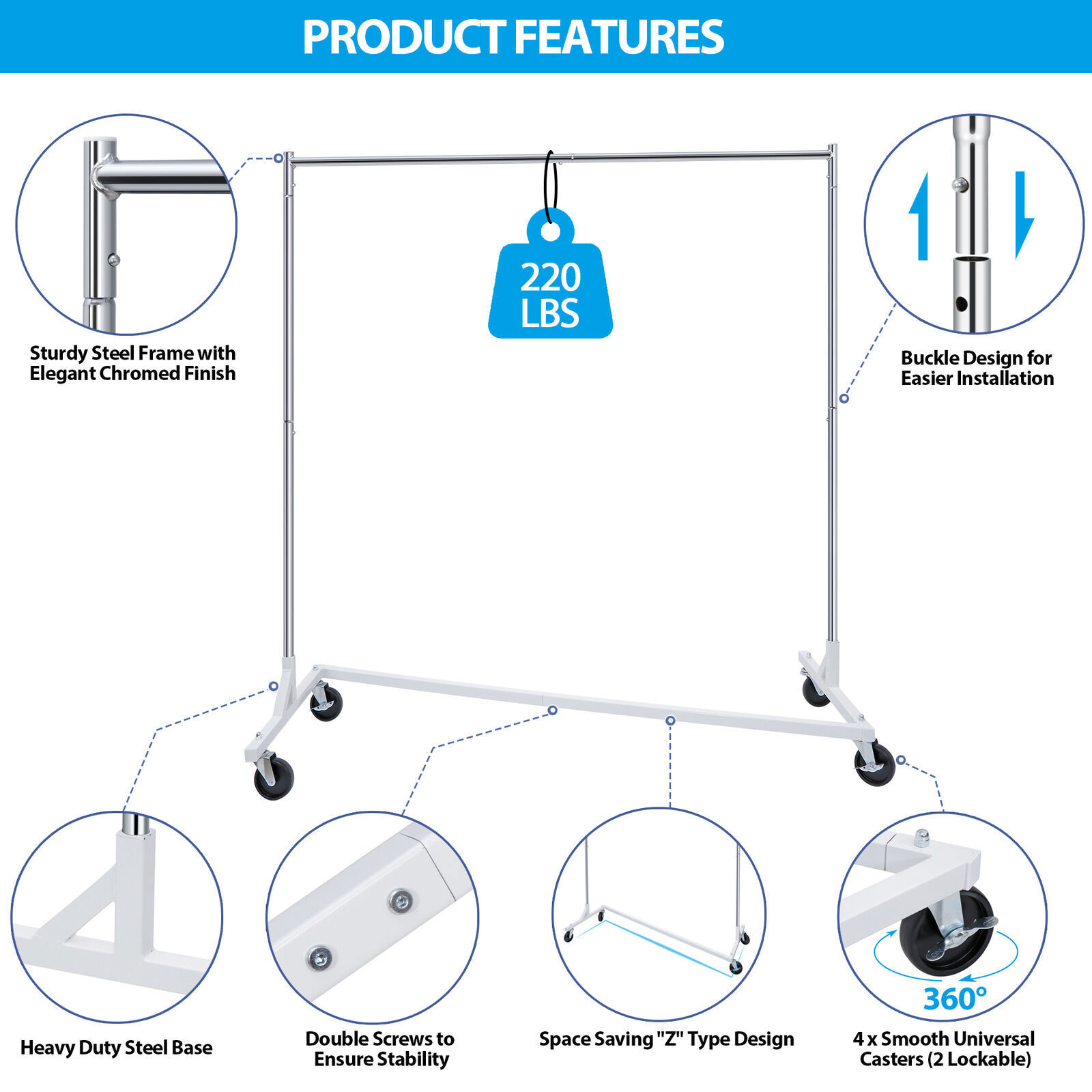 Heavy Duty Steel Clothes Rack Rolling Garment Z Clothing Rack W/Lockable Casters