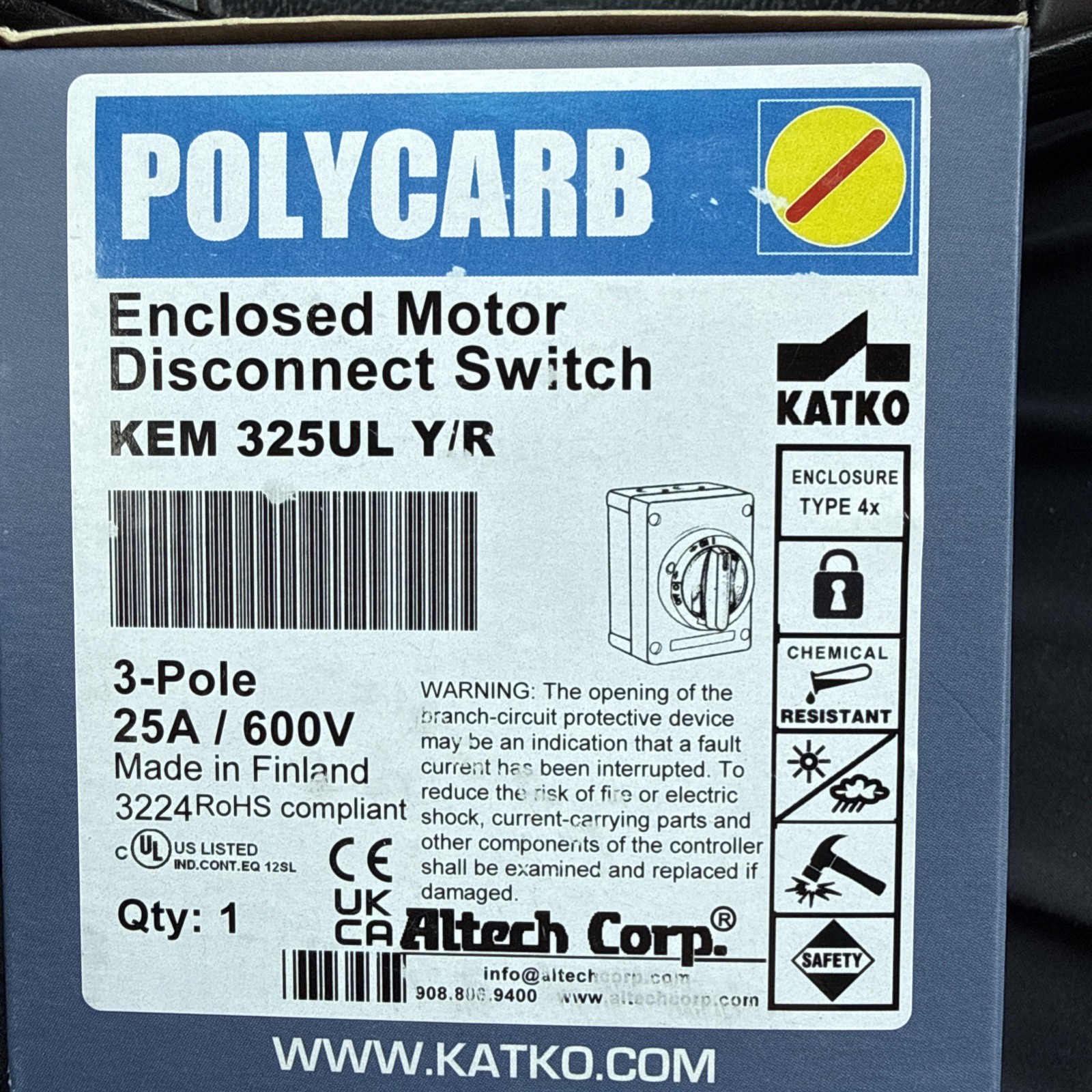 KATKO KEM325UL YR Enclosed Motor Disconnect Switch 3P 25A 600V IP66 Water Resist