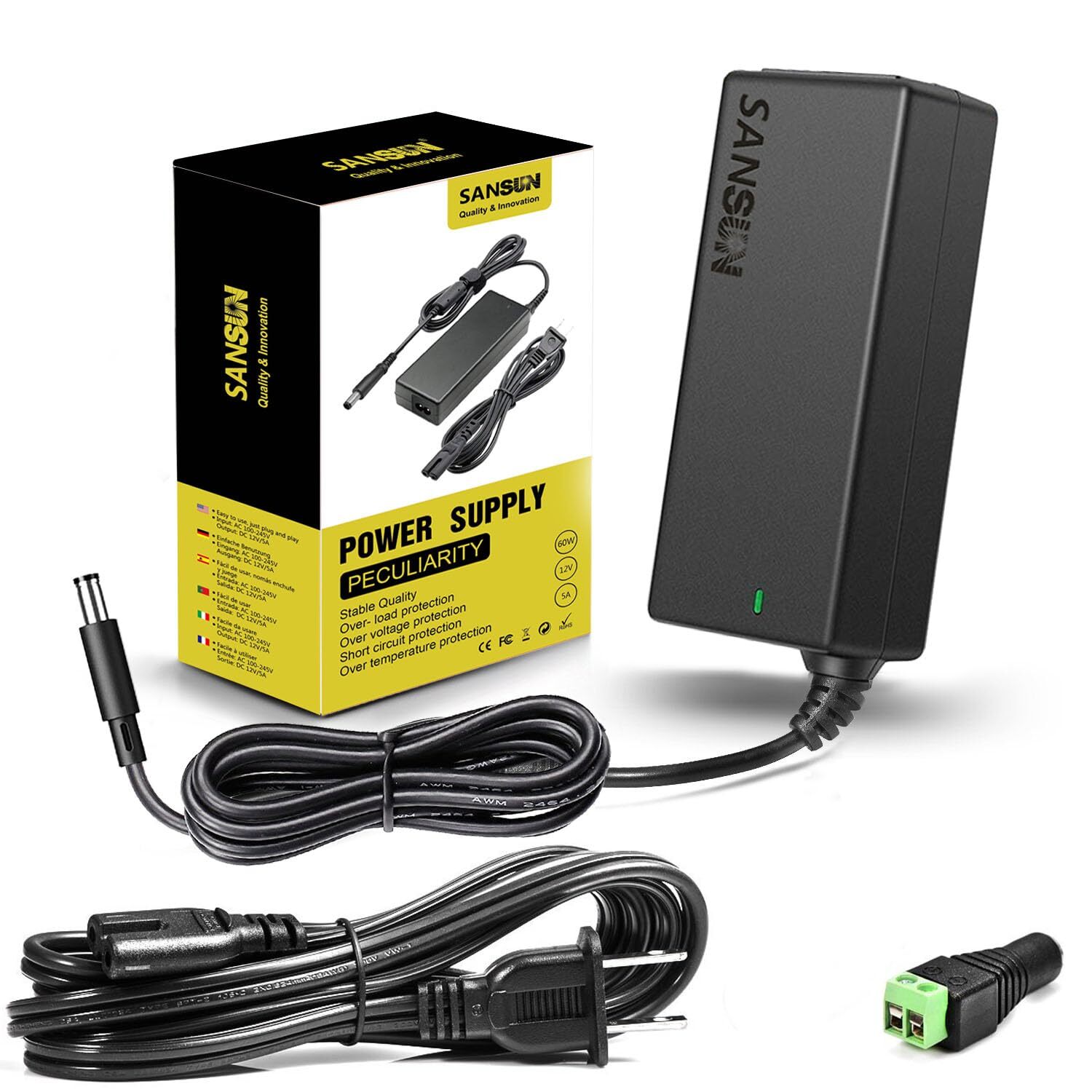 12V 5A Power Supply, AC 120V to DC12V 5.5×2.1mm Jack Converter, 12 Volt LED