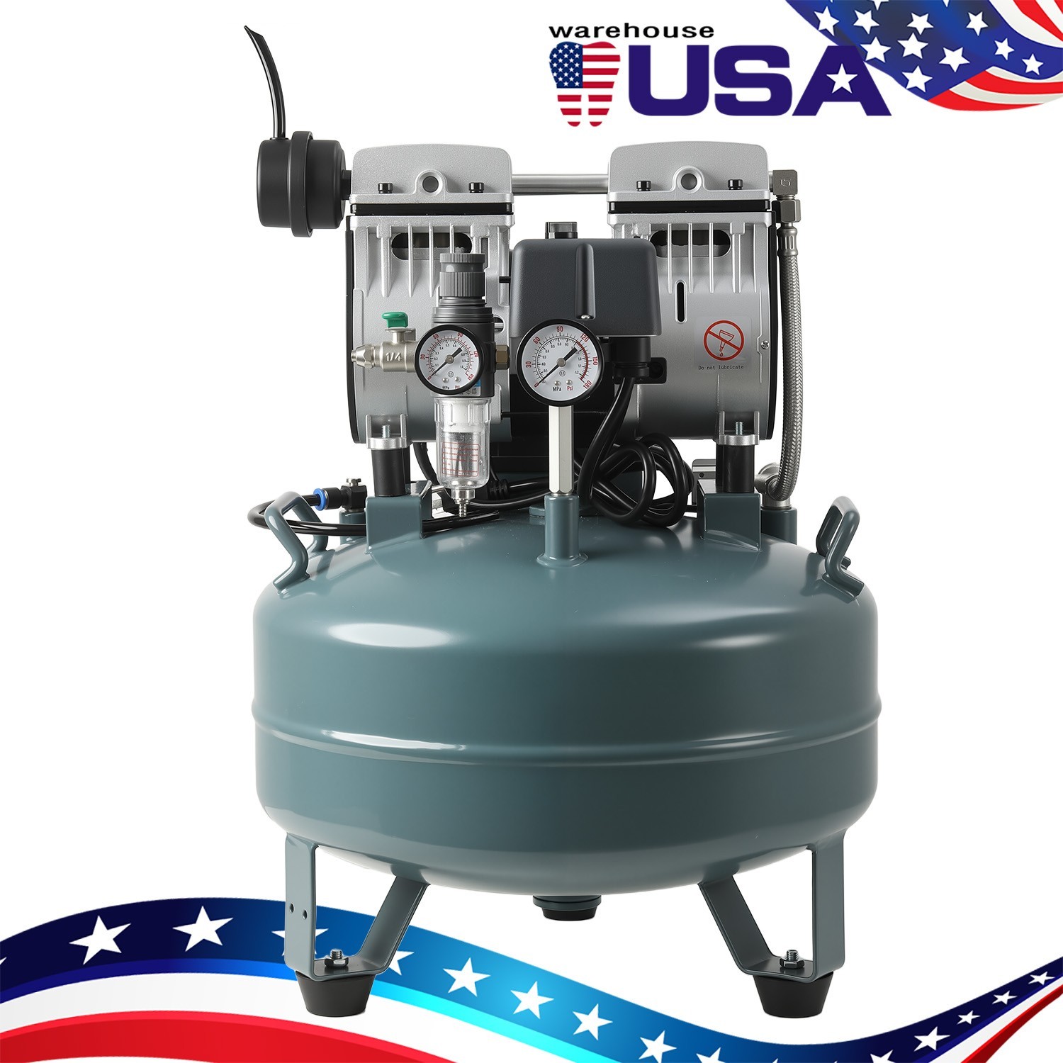 24L Portable Dental Mobile Silent Oil-Free Air Compressor Tank DUAL-Pressure