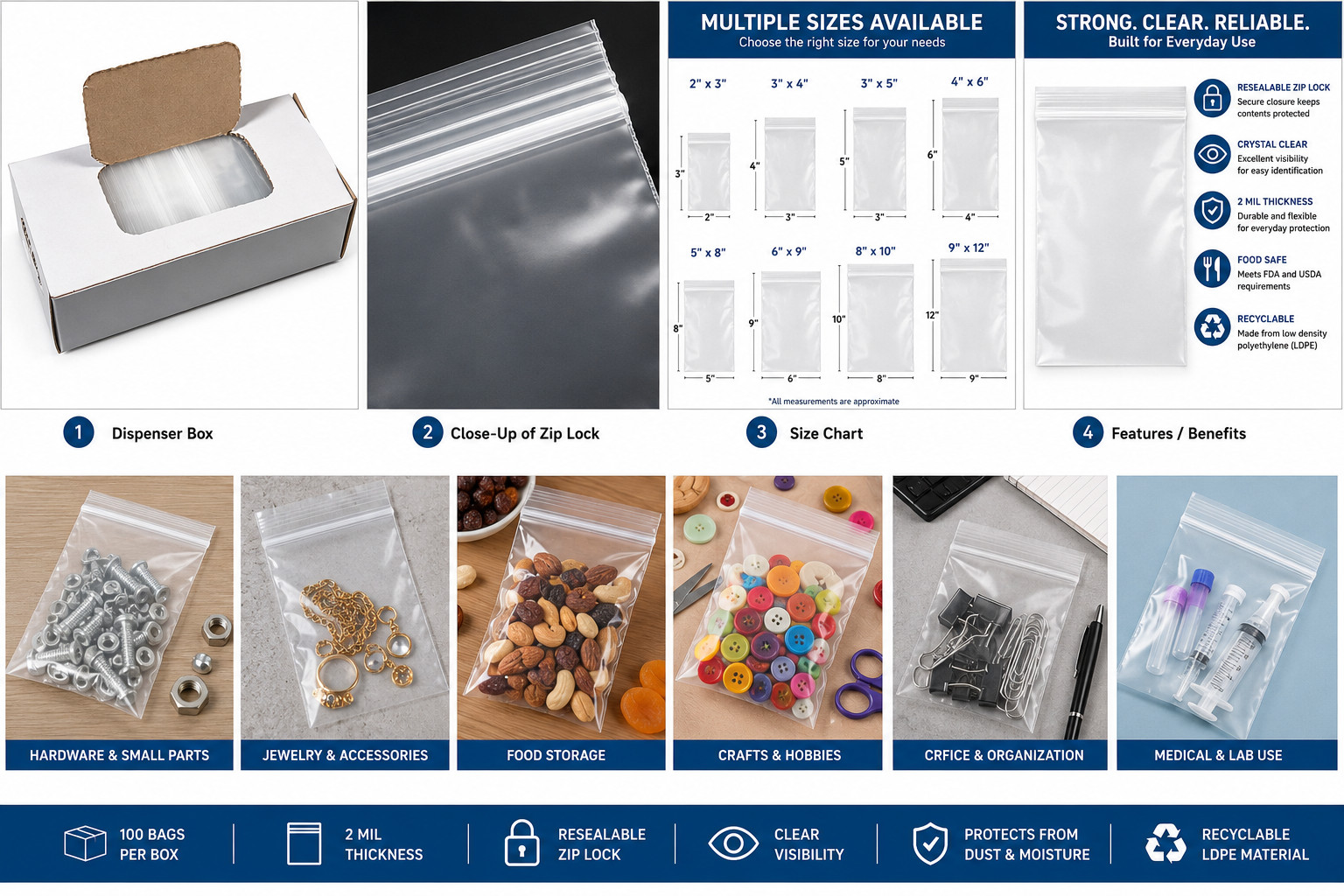 2×3 3×4 3×5 4×6 5×8 6×9 8×10 9×12 Clear Clearzip Zip Lock Bags 100 Count 2 Mil