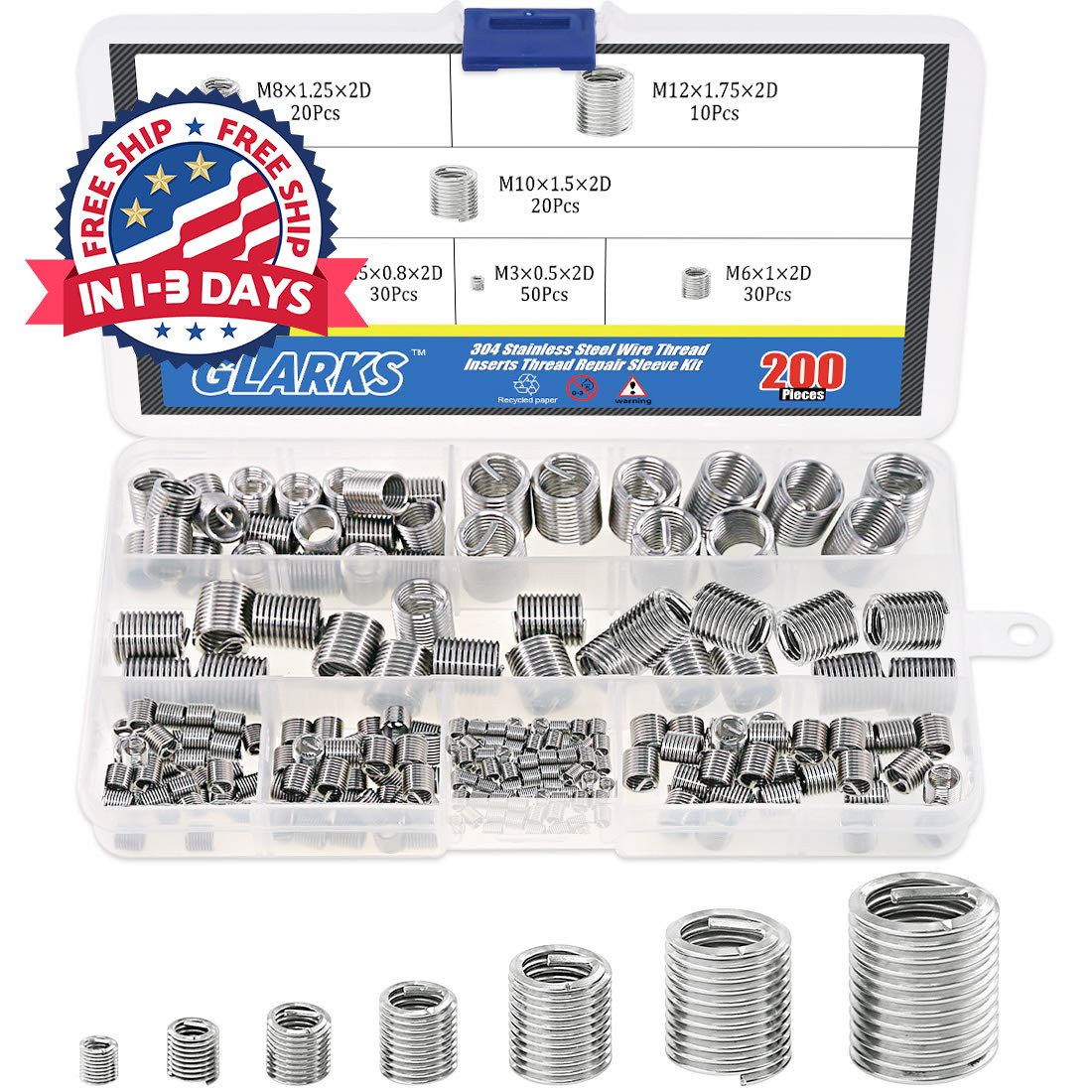 200PCS Insertos De Rosca De Alambre Vaina De Acero Tipo Helicoil Kit Surtido