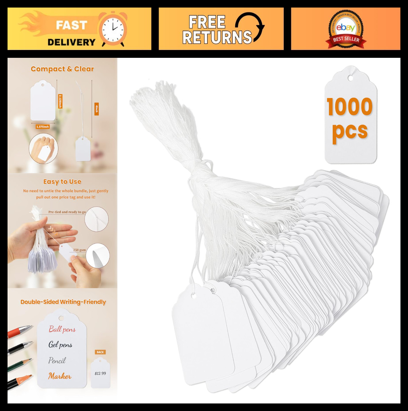 1000 White Price Tags with String – 1.375×2.125″ Writeable Tags for Gifts, Cloth