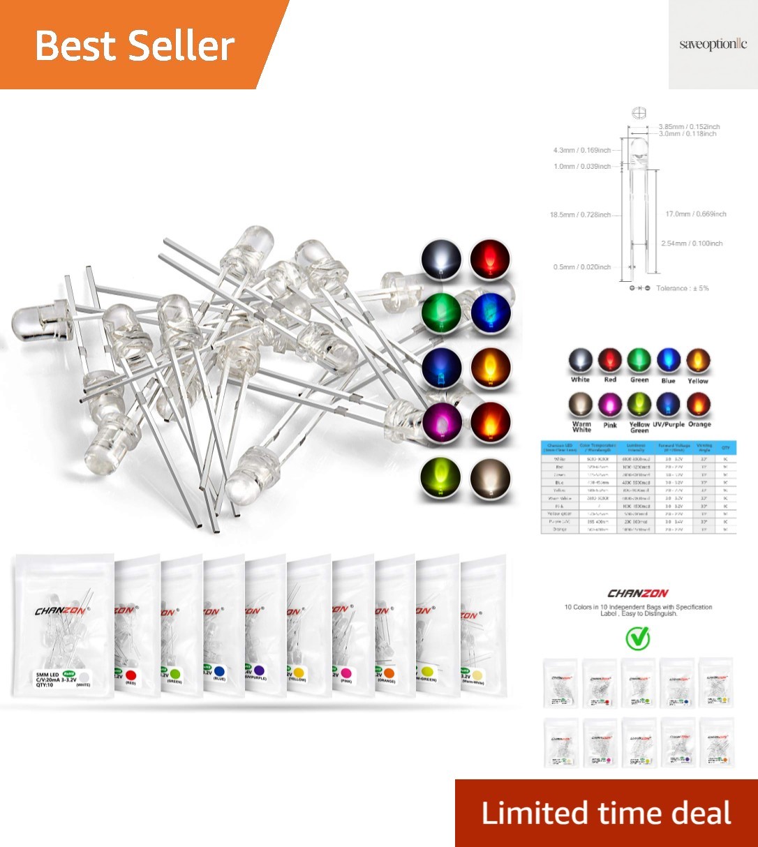 100pcs 10 Colors x 10pcs 3mm LED Diode Lights Assortment Clear Transparent Le…