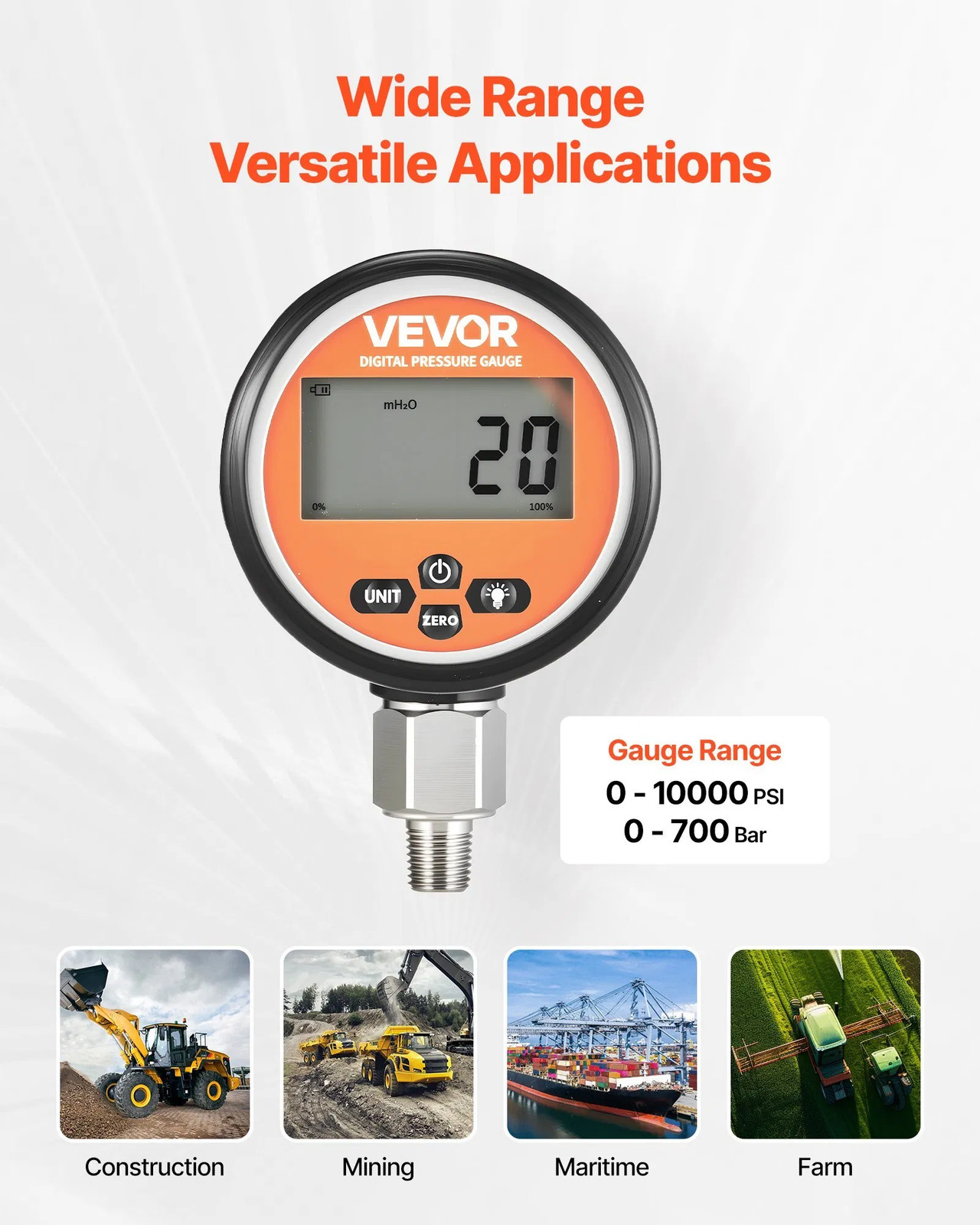 Digital Hydraulic Pressure Gauge, 0-10000 PSI (0-700 Bar) Hydraulic Pressure Sen