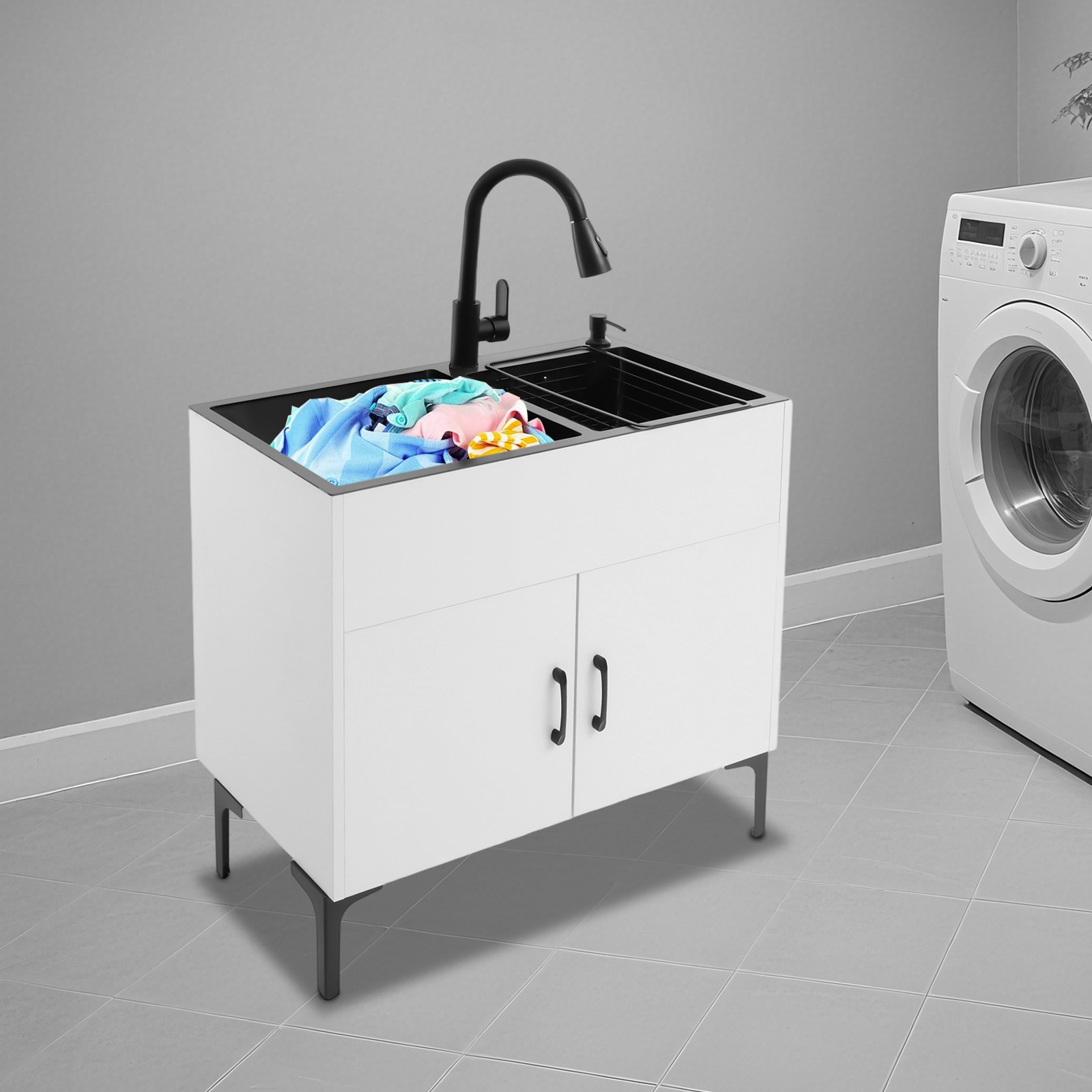Sink with Pull-Out Faucet and Cabinet Freestanding Kitchen Sink with Cabinet