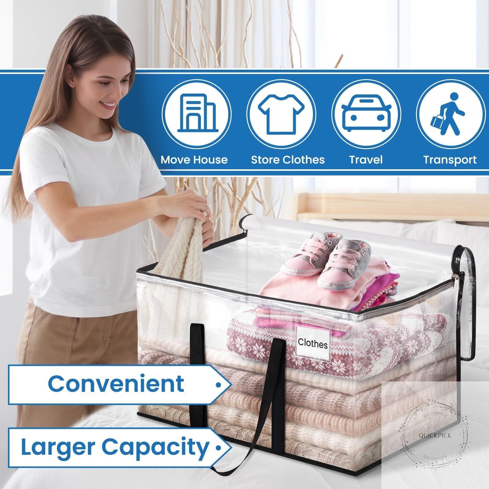 Heavy Duty Clear Moving Bags with Reinforced Handle and Double Zipper, Storage