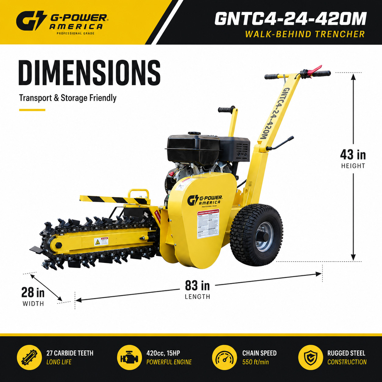 15HP 420cc Trencher, 24″ Depth 4″ Width Gasoline Powered Ditch Digger, EPA CE