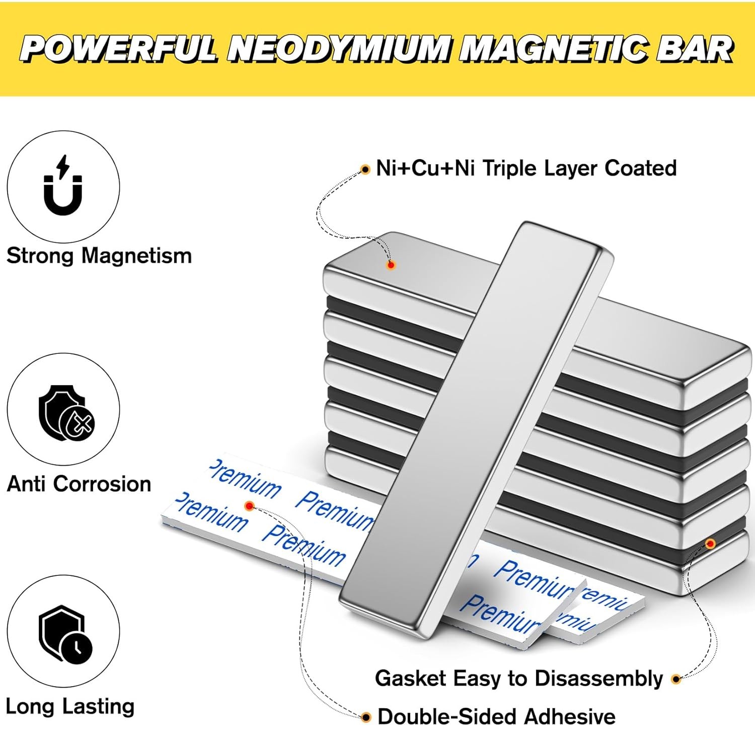 6 Pack Super Strong Bar Magnets Heavy Duty, Large Flat Magnetic Powerful Strips