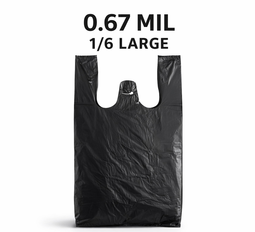 0.67 Mil Medium Duty Black T-Shirt Bags 1/6 Large 21×6.5×11.5 1000 or 2000