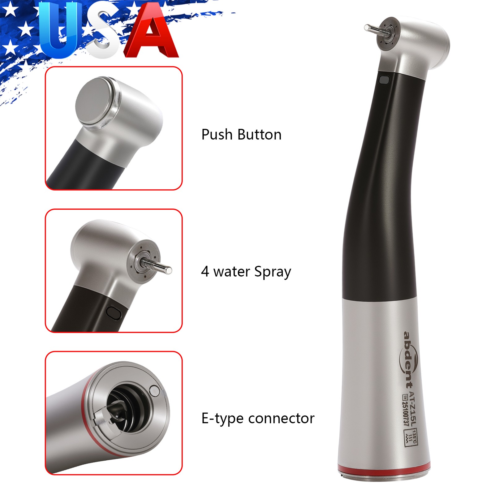 ABDENT Dental Electric Handpiece 1:5 Contra Angle Fiber Optic High Speed LED 1:5