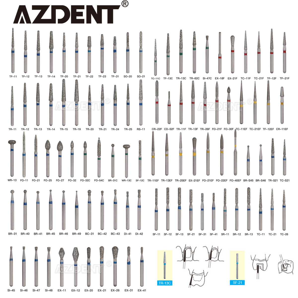 100Pcs AZDENT Dental Diamond Burs Medium FG 1.6mm High Speed Handpiece 150 Type