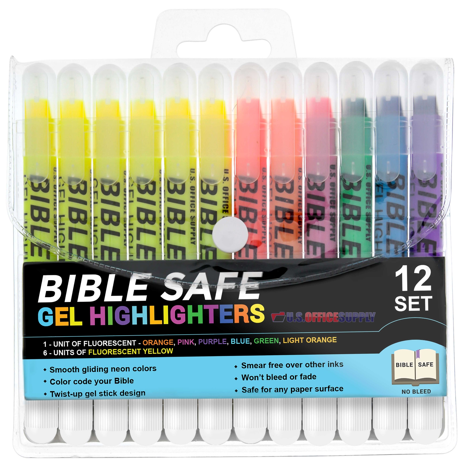 12 Bible Safe Gel Highlighters, 6 Bright Neon Yellow, 6 Colors Pink, Green, Blue