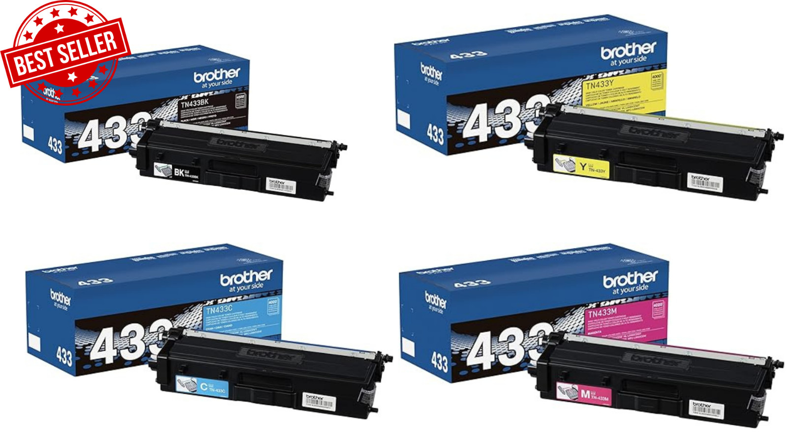 Brother TN433 Toner Cartridge 4 Pack Set | Black, Cyan, Magenta, Yellow