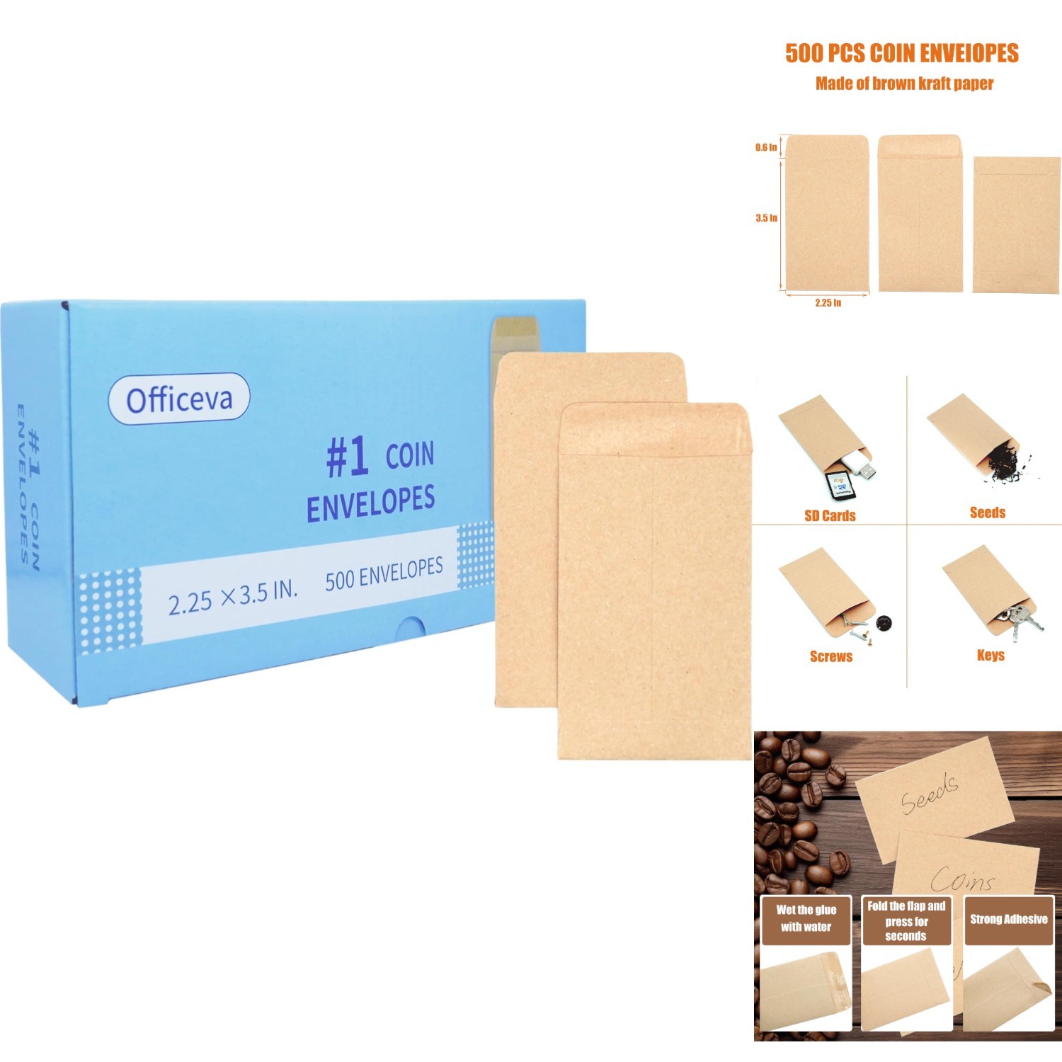Bulk 500 Small Coin Envelopes 2.25×3.5 Inches Kraft Paper Gummed Flap Storage