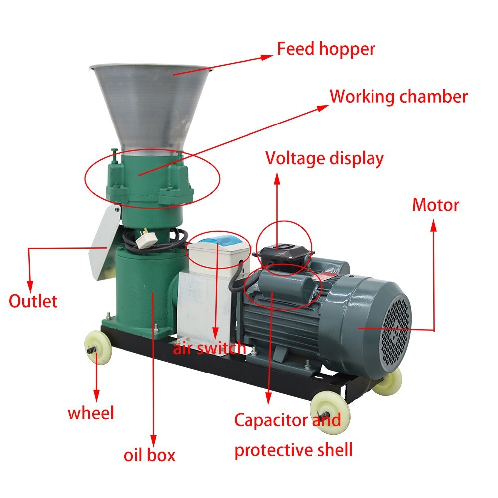 8MM Feed Pellet Mill Machine 200KG/H Fodder Press Pelletizer 3 Head Rollers 220V