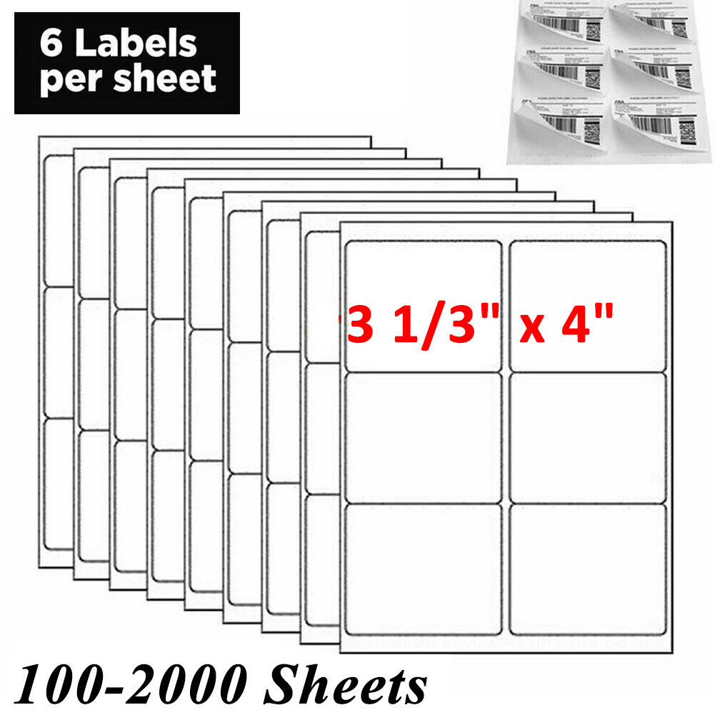 600-12000 4″x3.33″ Address Shipping Labels 6 Up Per Sheet Self Adhesive Stickers