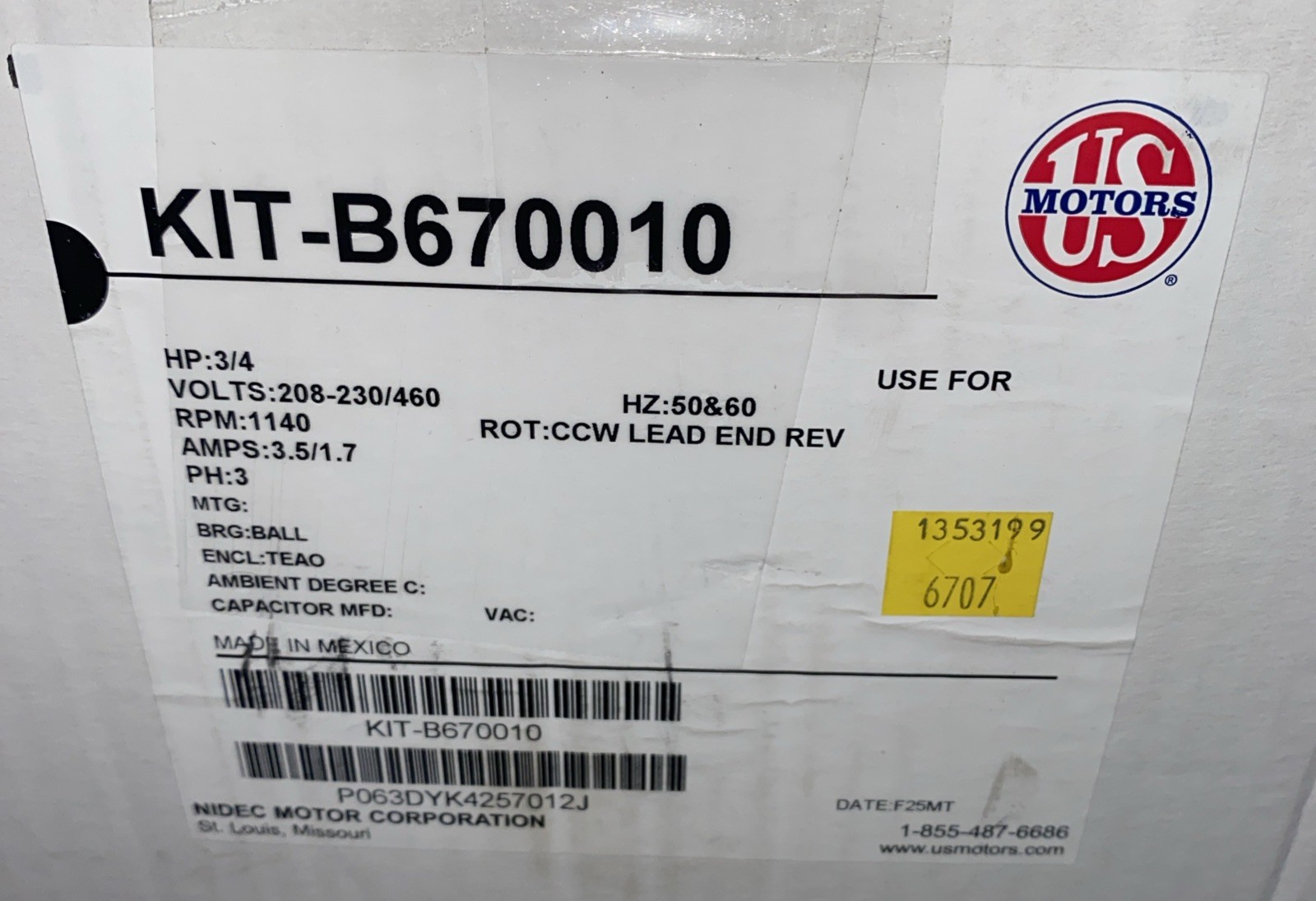 LIEBERT KIT-B670010 Polyphase Air Over Motor 208-230/460V AC, 3/4 hp, 3 Phase