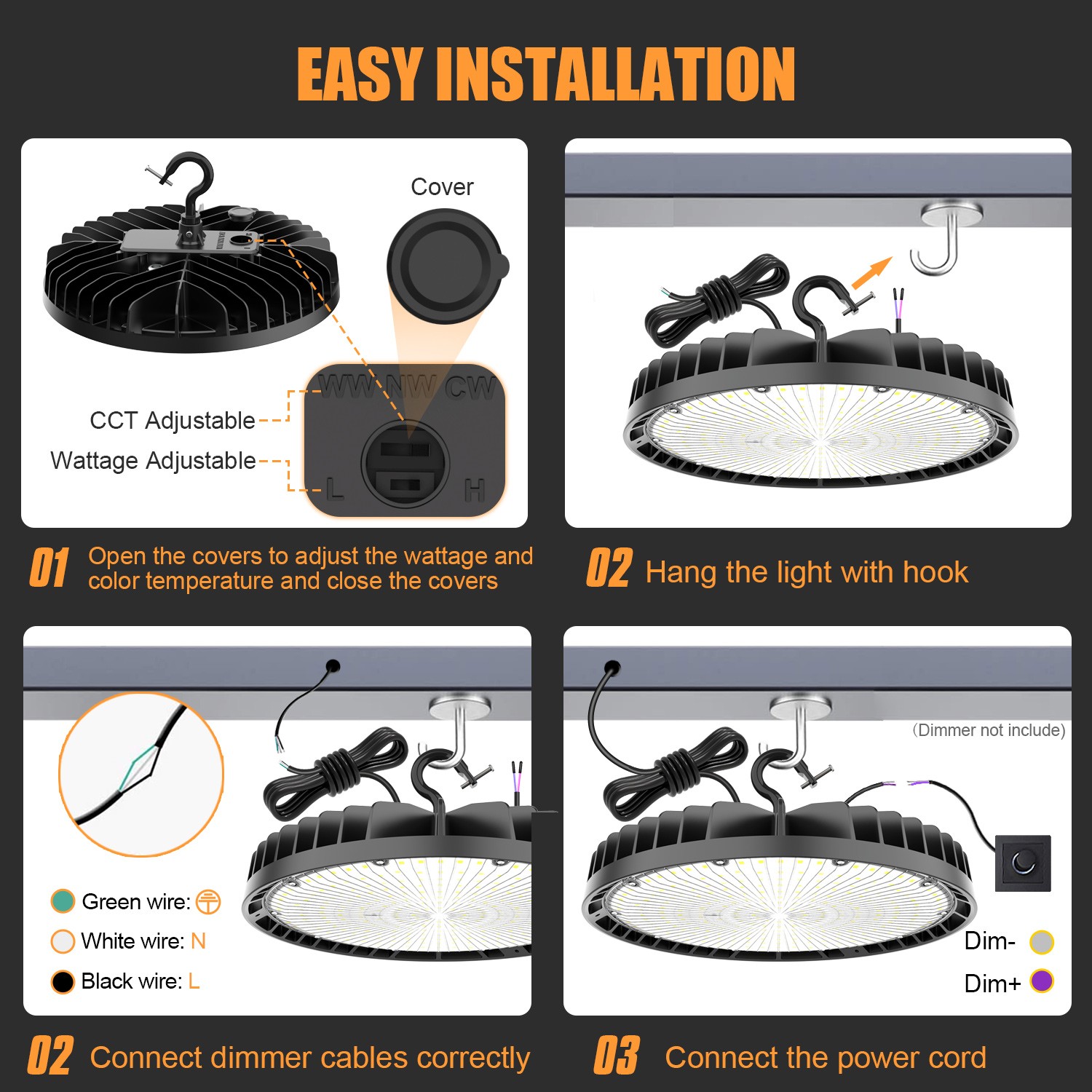 KUKUPPO 240W LED High Bay Light Dimmable Shop Light 4500K 5000K 5700K Adjustable
