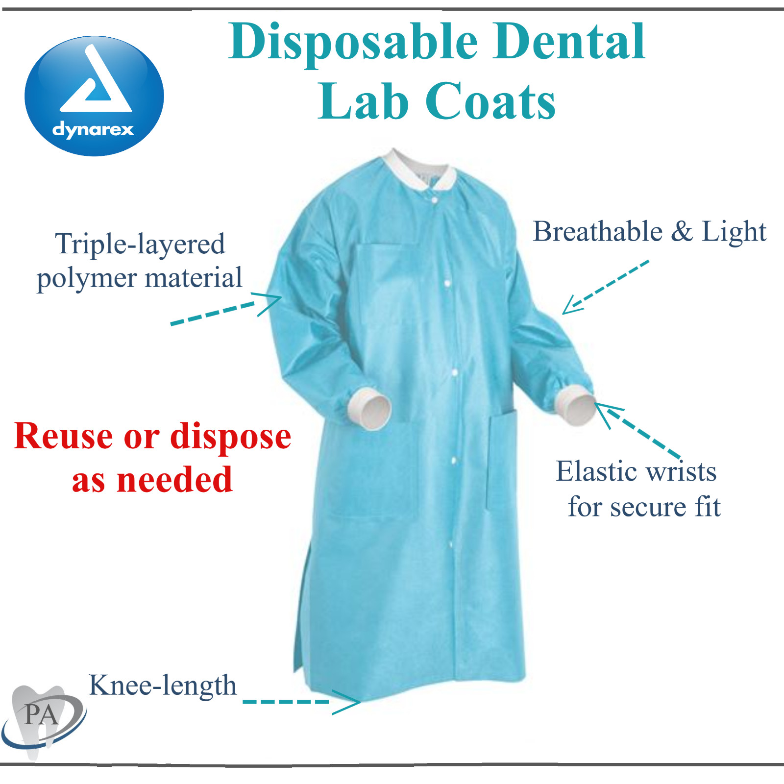 Professional Lab Coat Unisex, Knee Length, Elastic Wrists, Blue, w/ Pocket 30/Cs