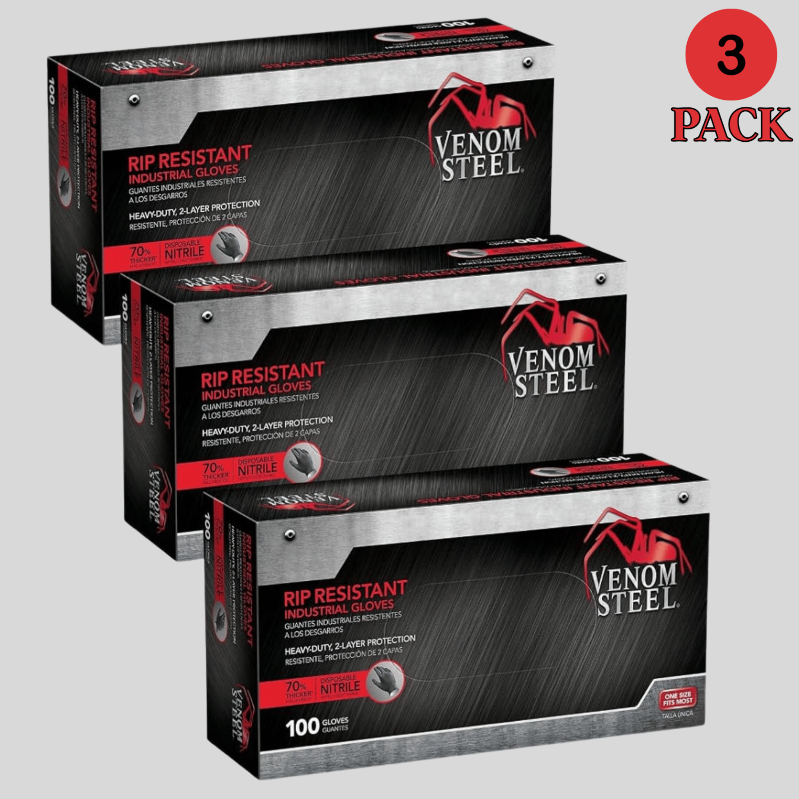 Venom Steel Industrial Nitrile Gloves One Size Fits Most, 100 Count, (Pack of 3)