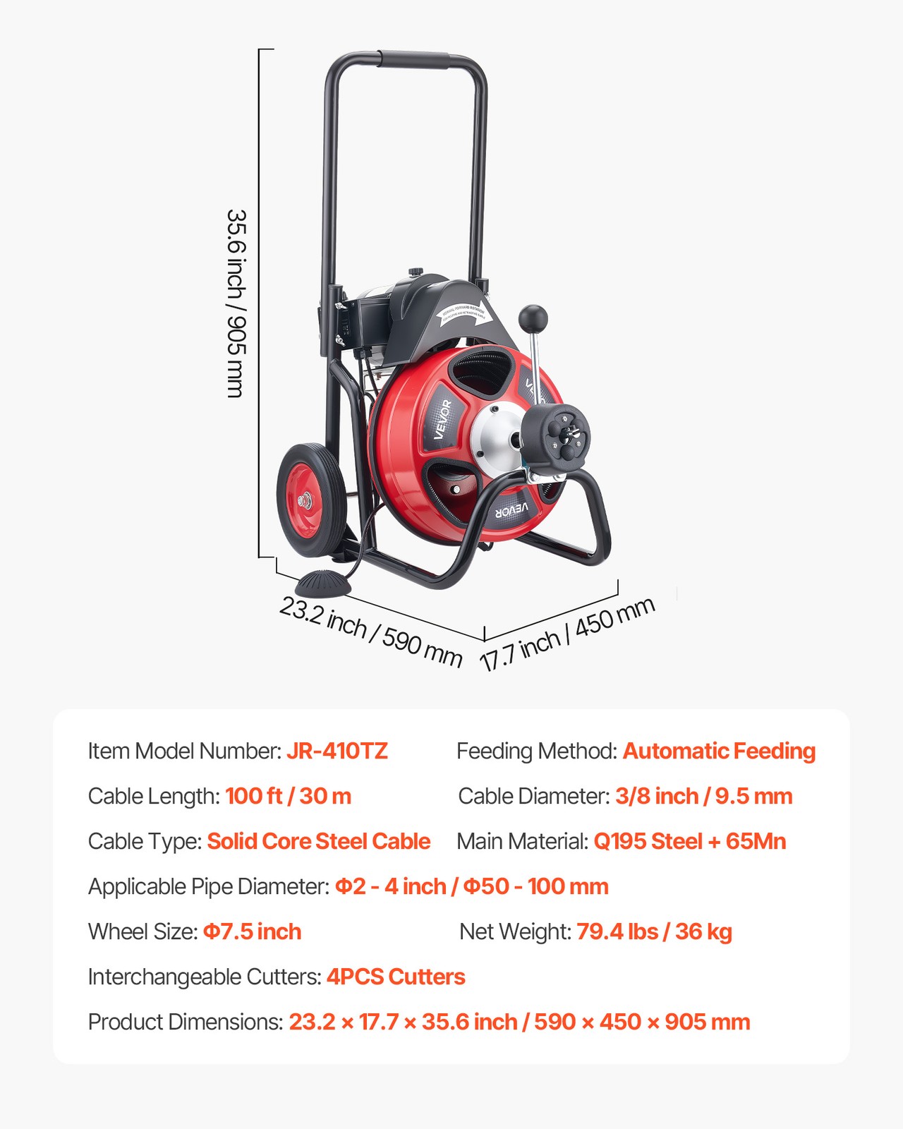 VEVOR Drain Cleaner Machine Electric Drain Auger 100 FT x 3/8 In Auto Feed