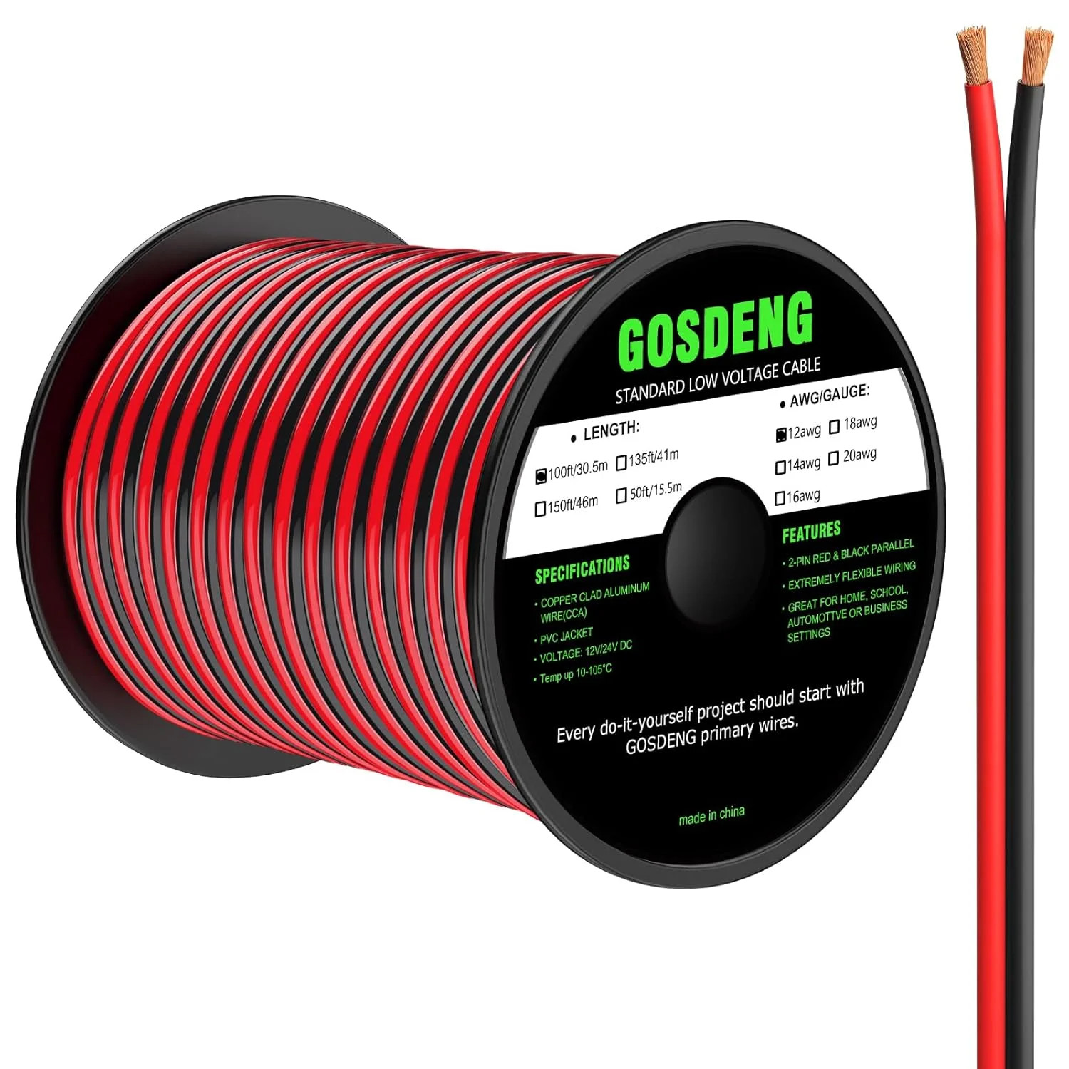 12 Gauge Wire 100FT,2 Conductor Electrical Cable – Red and Black,Low Voltage/PVC