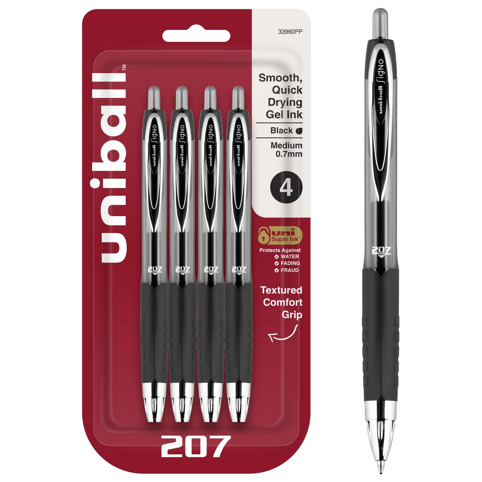 uni-ball 207 Retractable Gel Pens, Medium Point 4 Count (Pack of 1), Black