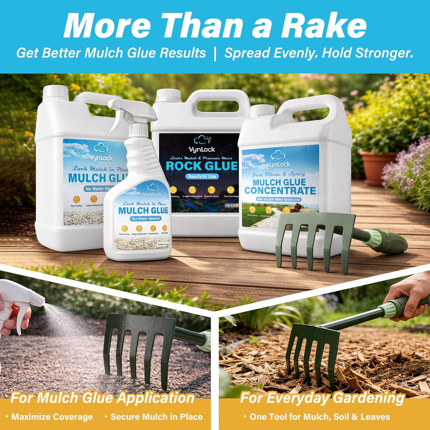 Mulch Glue Kit – 2 Gallons with Rake, Fast-Drying, Strong Hold, Easy to Use