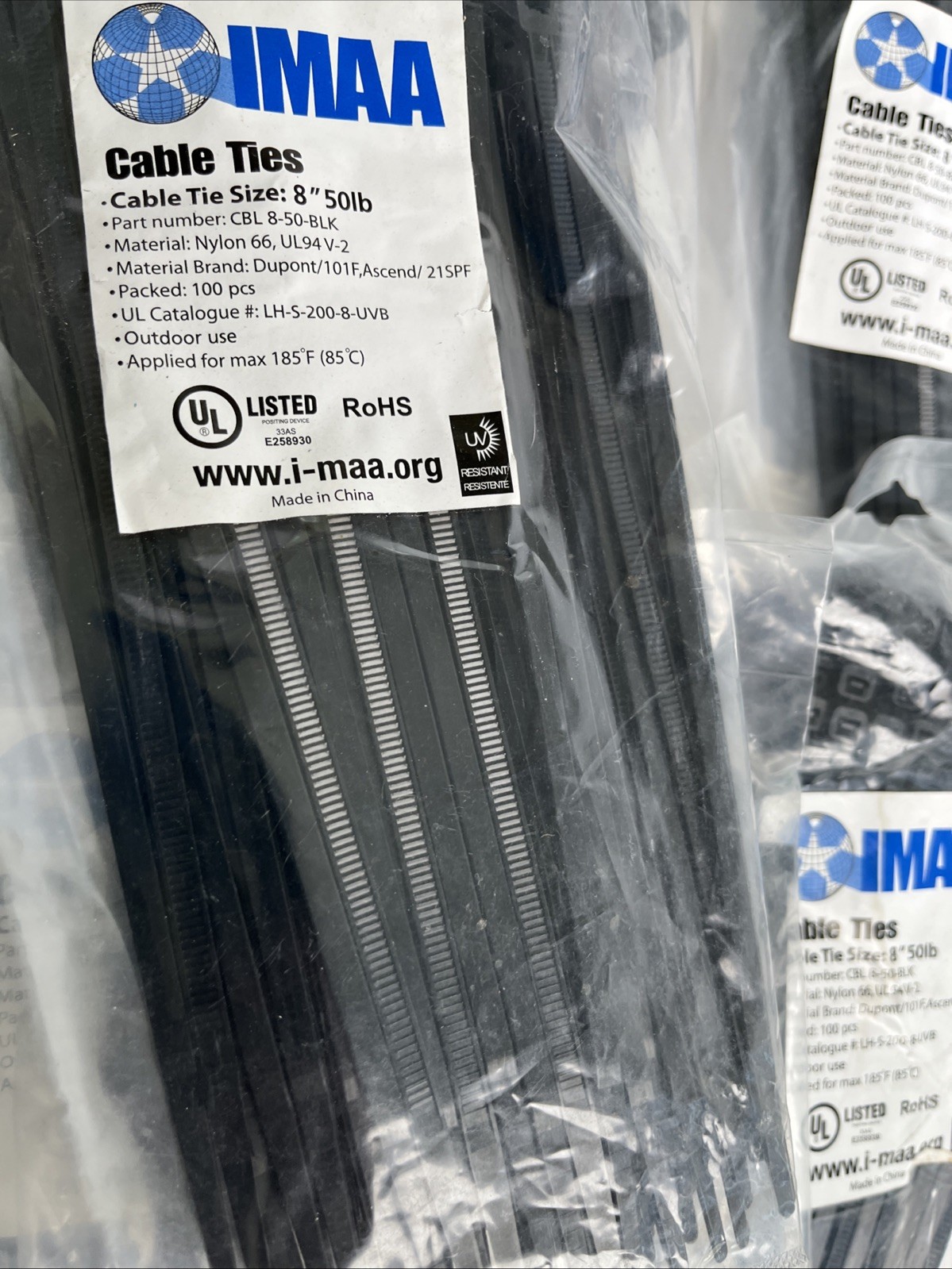 Lot of IMAA Zip Ties: 22 100 Piece Bags of 8” 50LB, 3 100 packs 8” 40lb, Etc