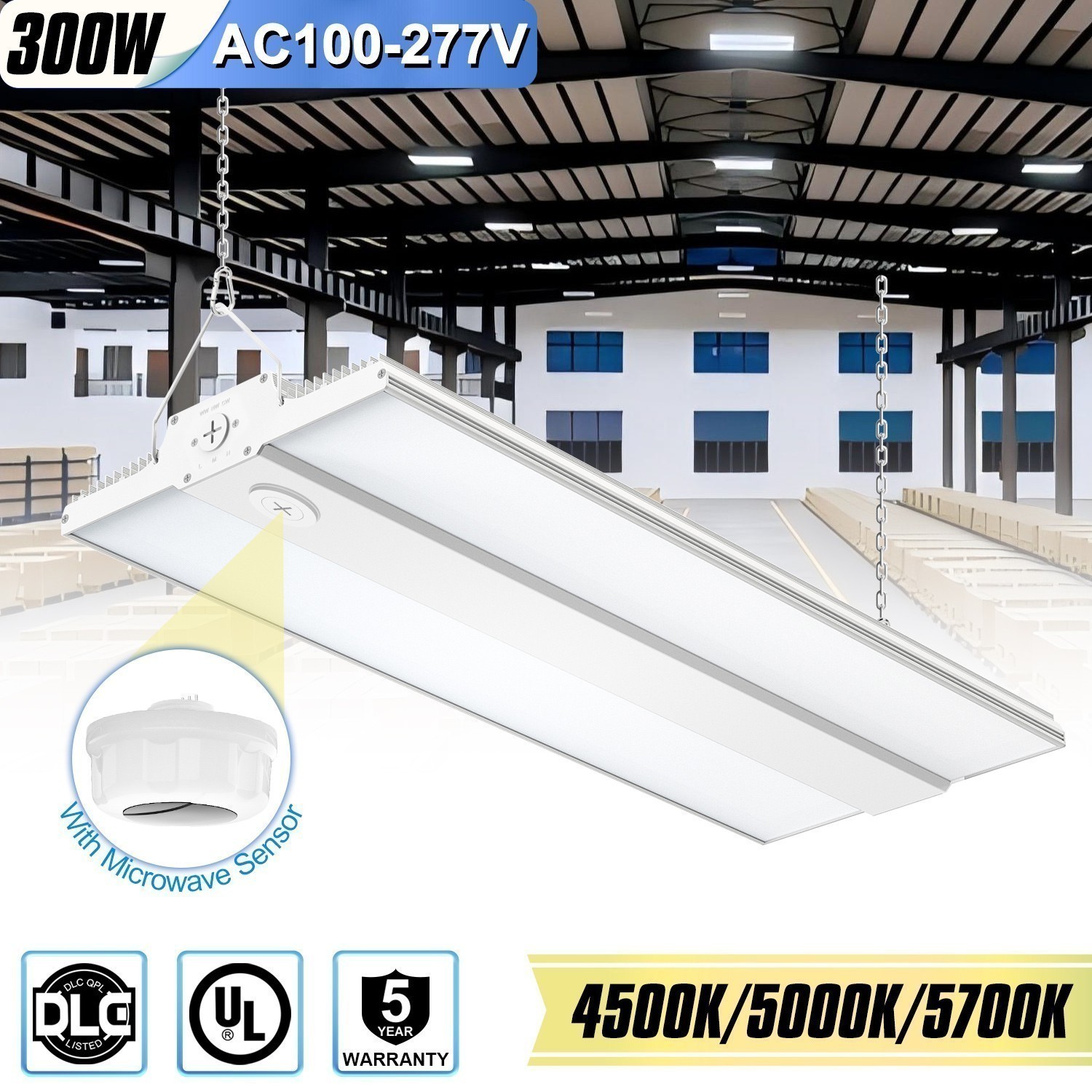 300 Watt LED High Bay Shop Light 4500K/5000K/5700K With Microwave Sensor 150LM/W