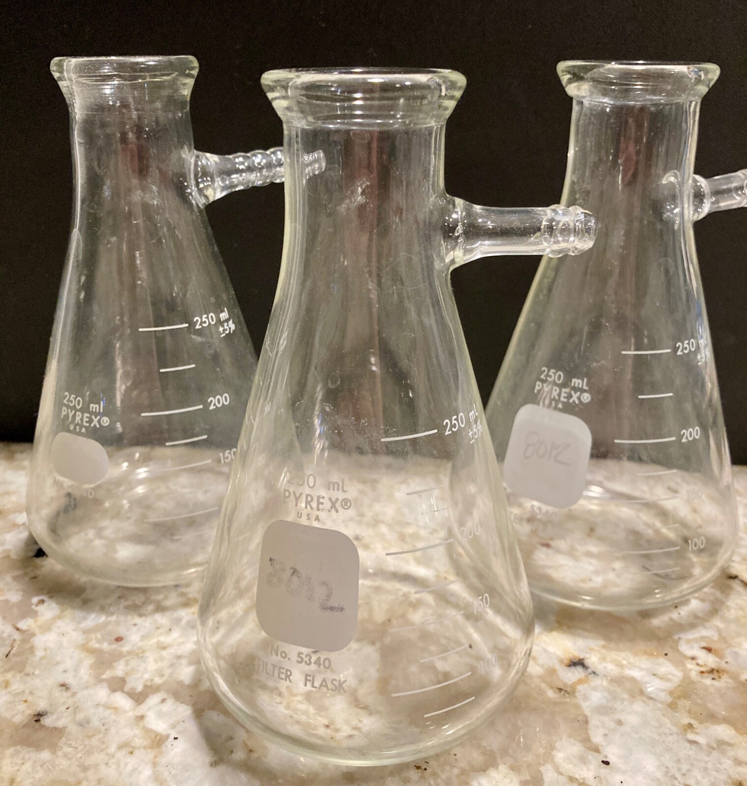 Three (3) Corning PYREX 125 mL Filter Flasks w Sidearm Tubulations #5360-125