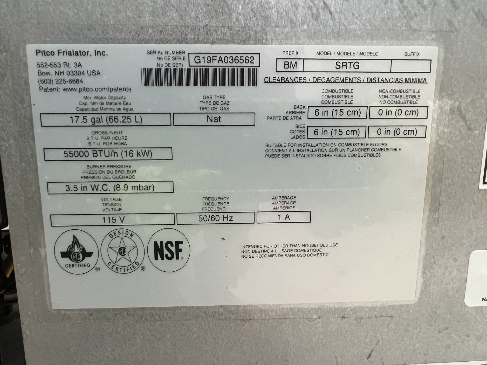 “PITCO SRTG” COMMERCIAL 17.5 G NATURAL GAS RETHERMALIZER ON CASTERS