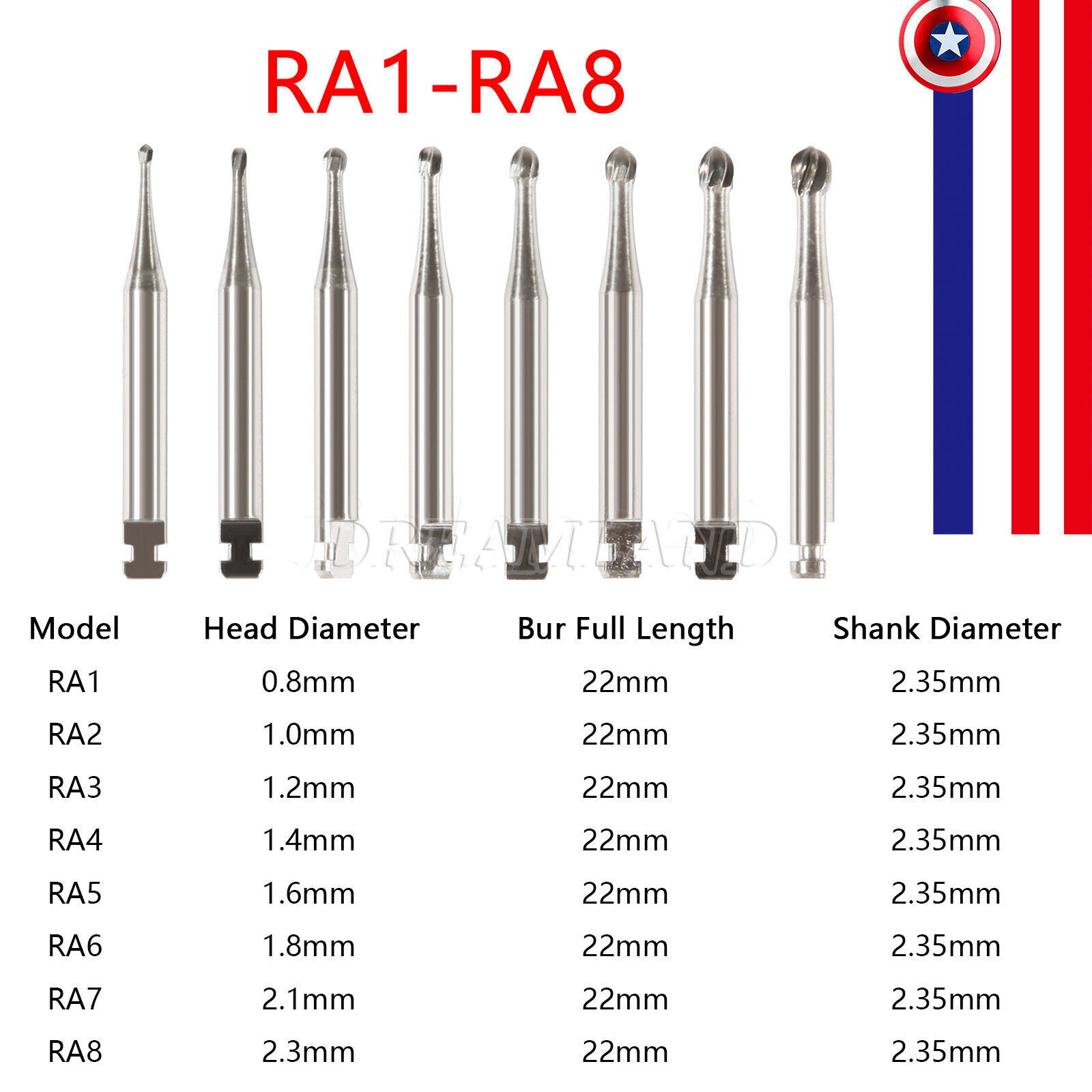 8 Types Dental Round Carbide Bur for Slow Speed Latch Type RA 1# – 8# Burs USA