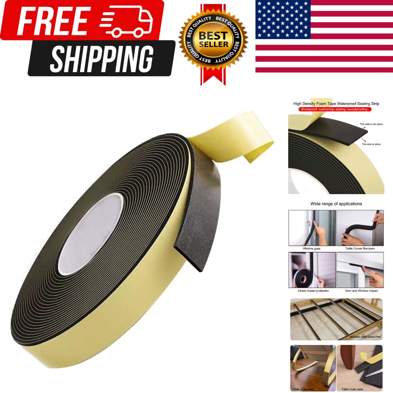High Density EVA Foam Weather Strip Tape 0.6In x 32.8Ft Waterproof Sealing Black