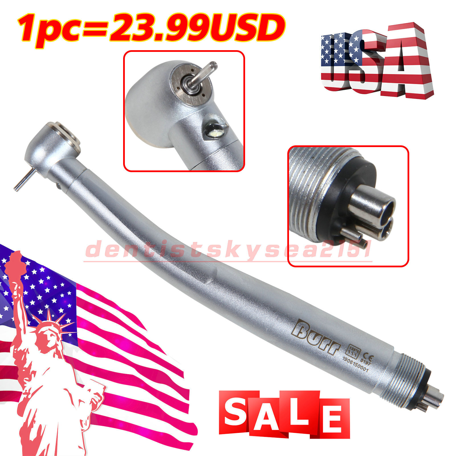 Burr E-generator Dental LED Fiber Optic High Speed Handpiece 4 hole UDM4