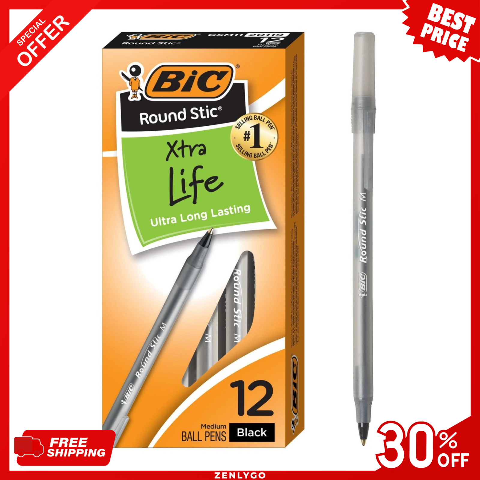 Pack of 12 Ballpoint Pen – Black Ink Ball Point Pens for Office Writing School