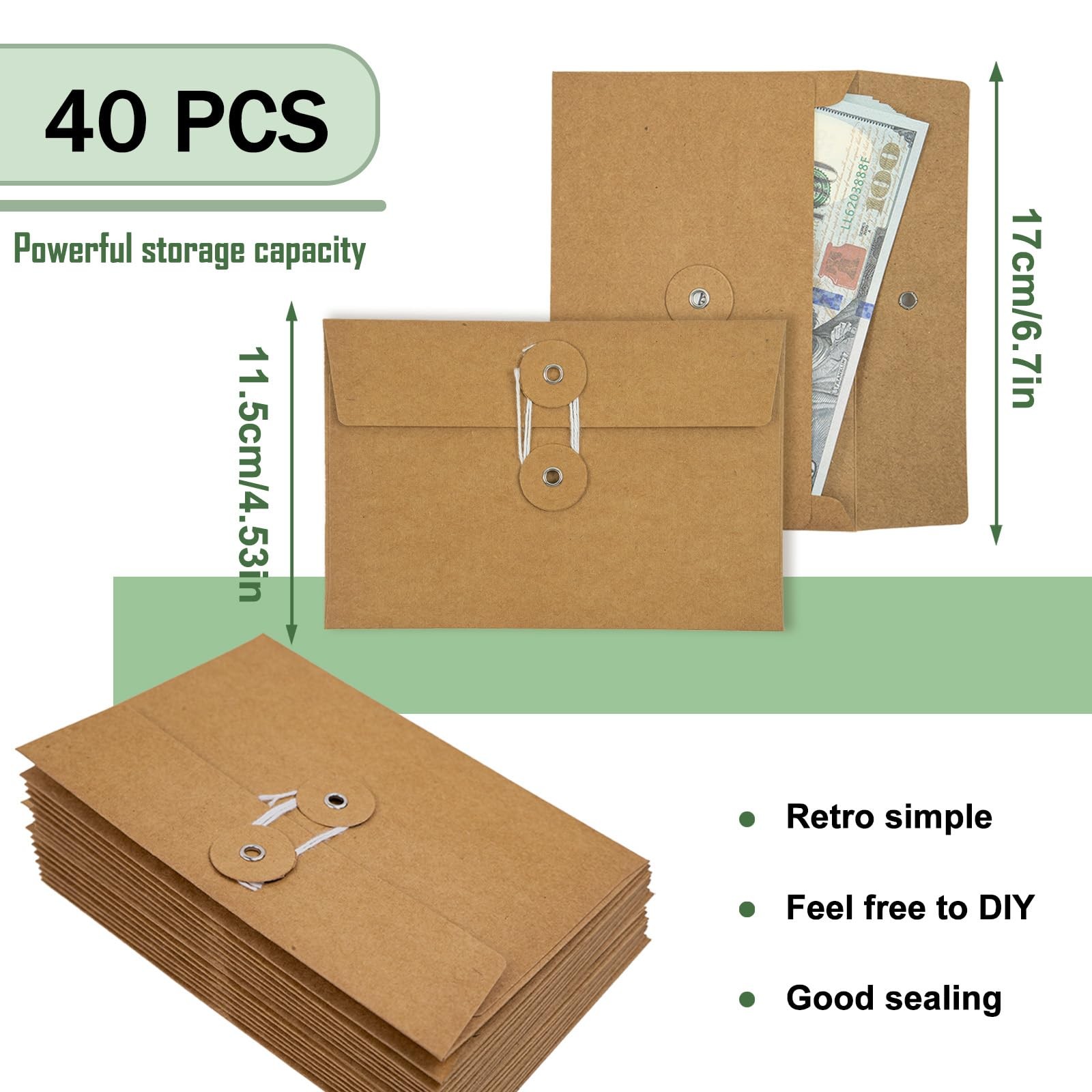 40 Pcs Kraft Paper Envelopes with String Tie Closure Project Pockets Document…
