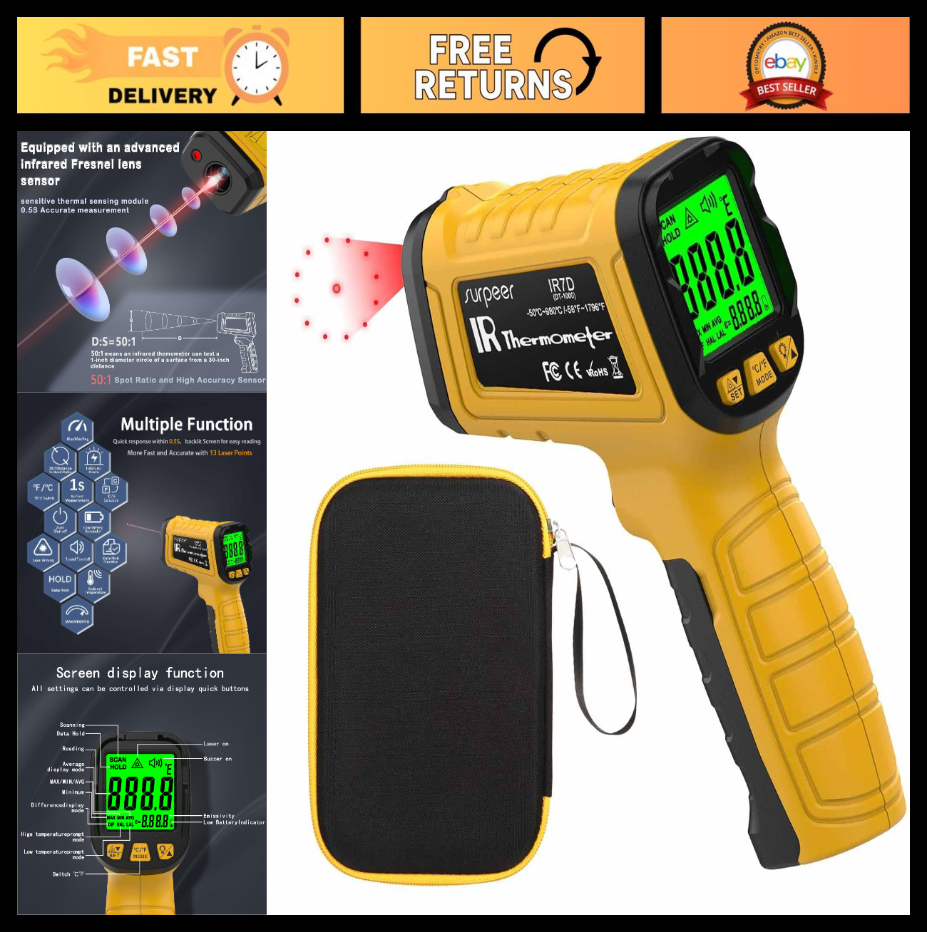 Infrared Temperature Gun -58°F to 1796°F, 50:1 Ratio, Laser IR Thermometer for C